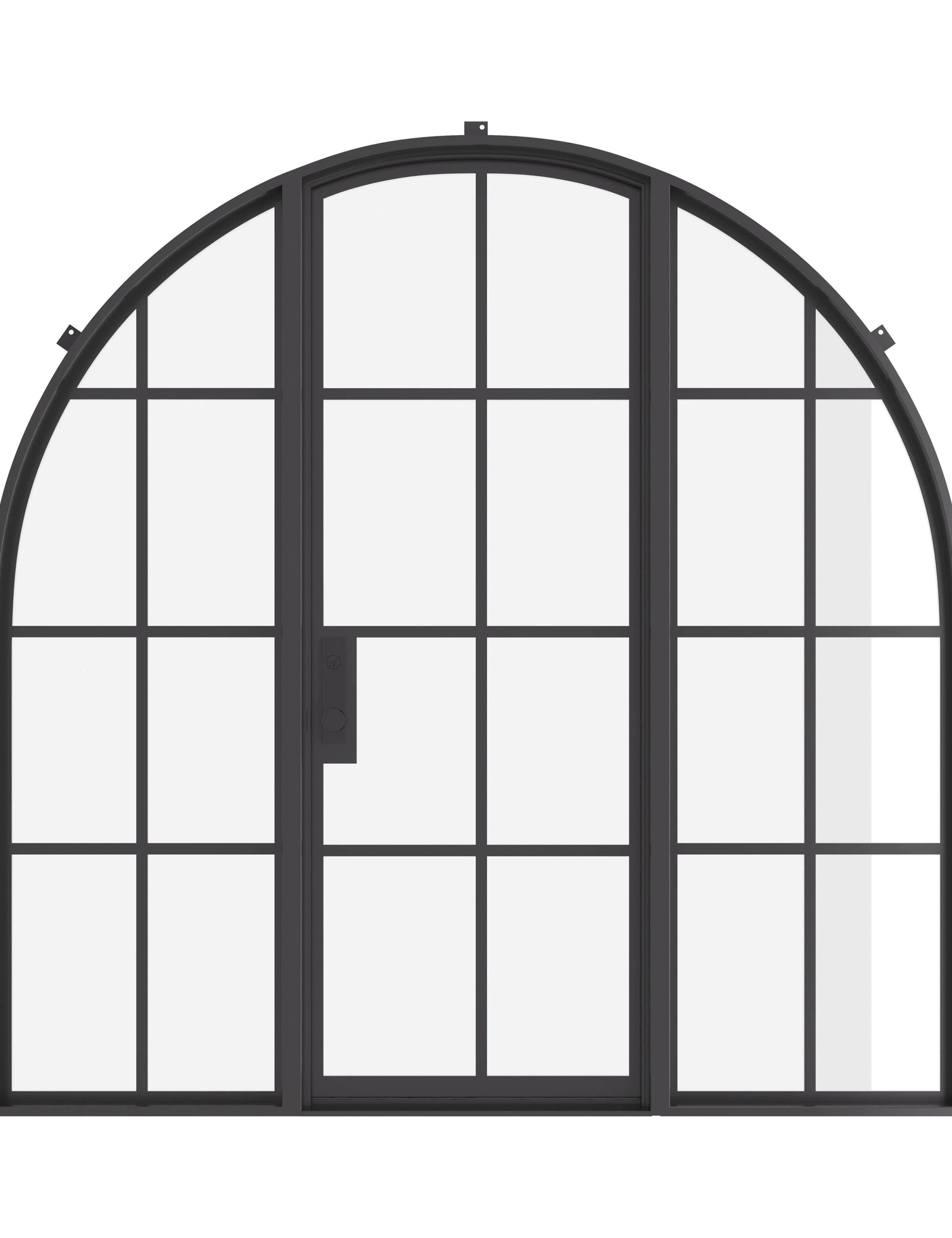 Single full arch exterior steel door with sidelights, dual-pane glass