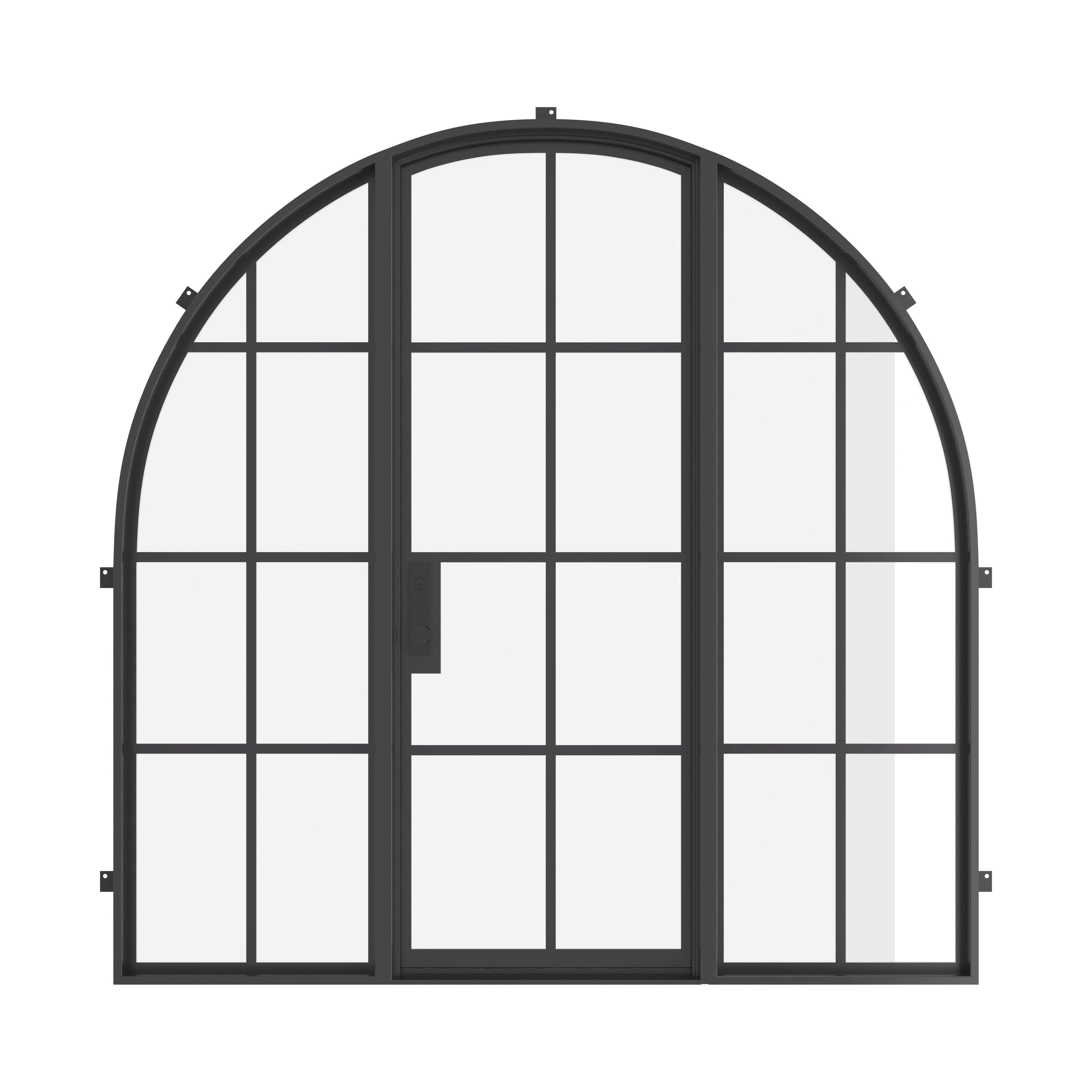 Single full arch exterior steel door with sidelights, dual-pane glass