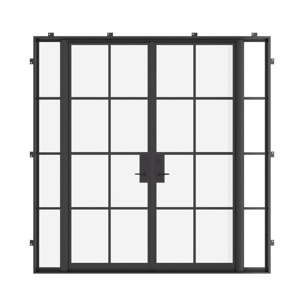 Double flat exterior steel door with sidelights, NFRC-rated glass