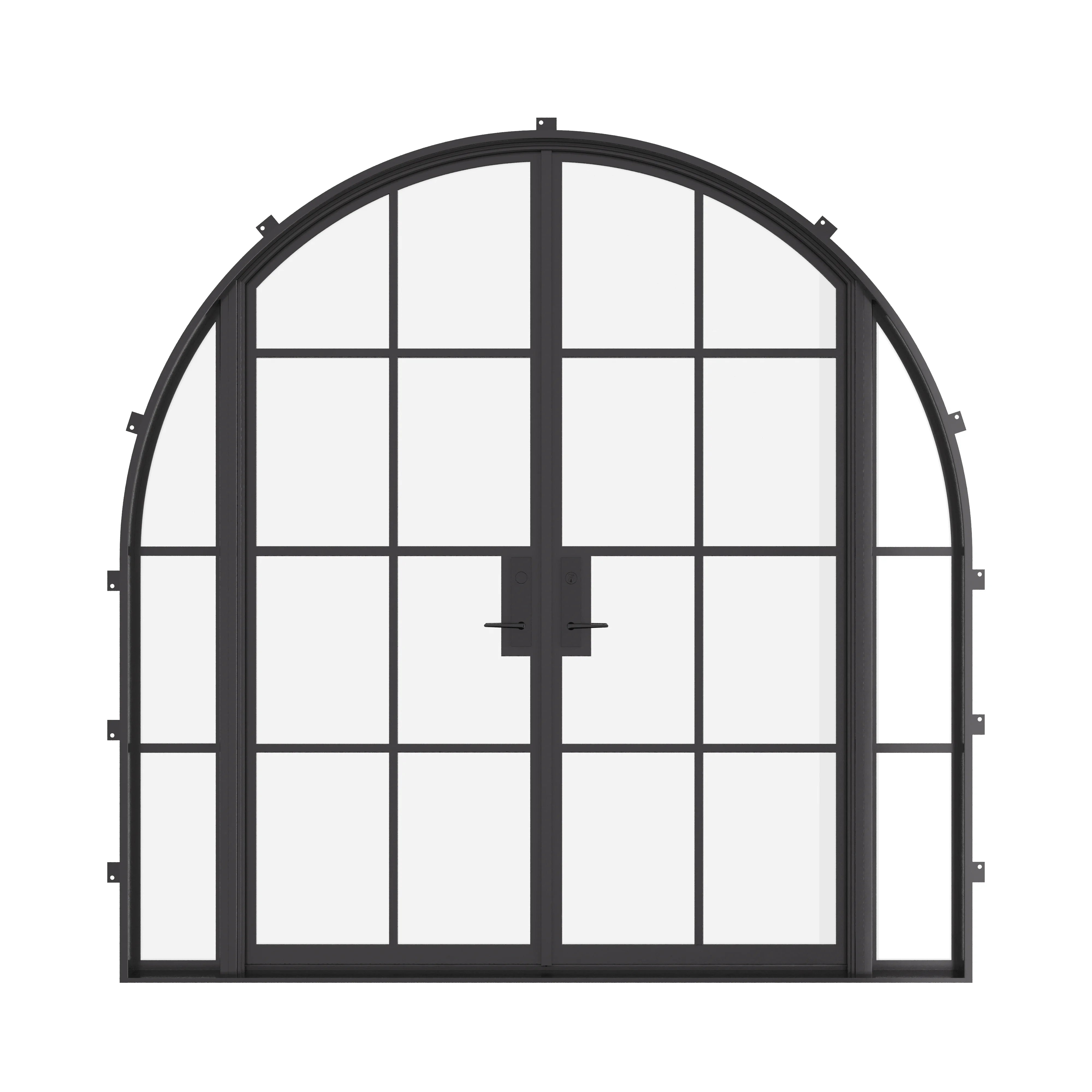 Double full arch steel entry door with sidelights, insulated tempered glass