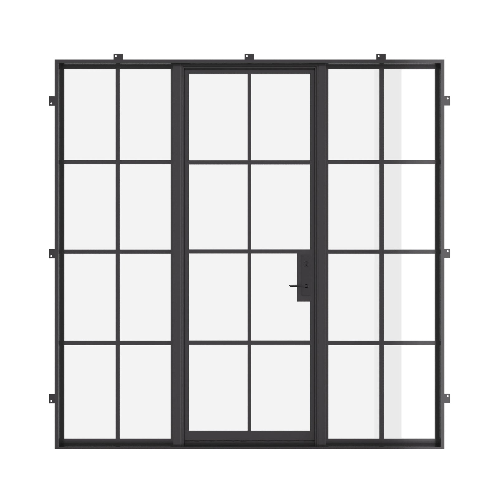 Single flat exterior steel door with sidelights, NFRC-rated glass