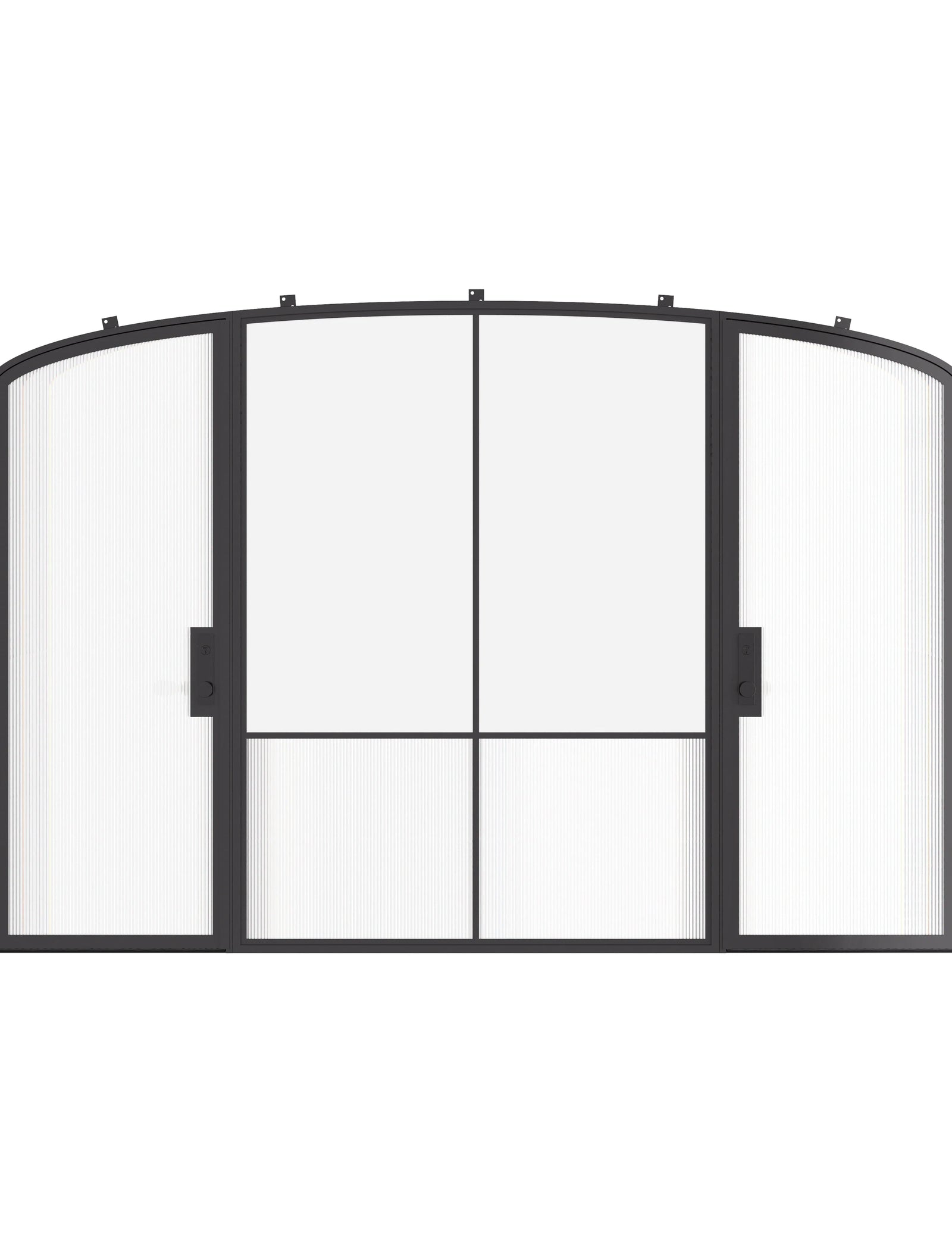 Air Grand exterior steel double entry doors with center fixed mini arch glass panel, galvanized steel frame with Low-E glazing