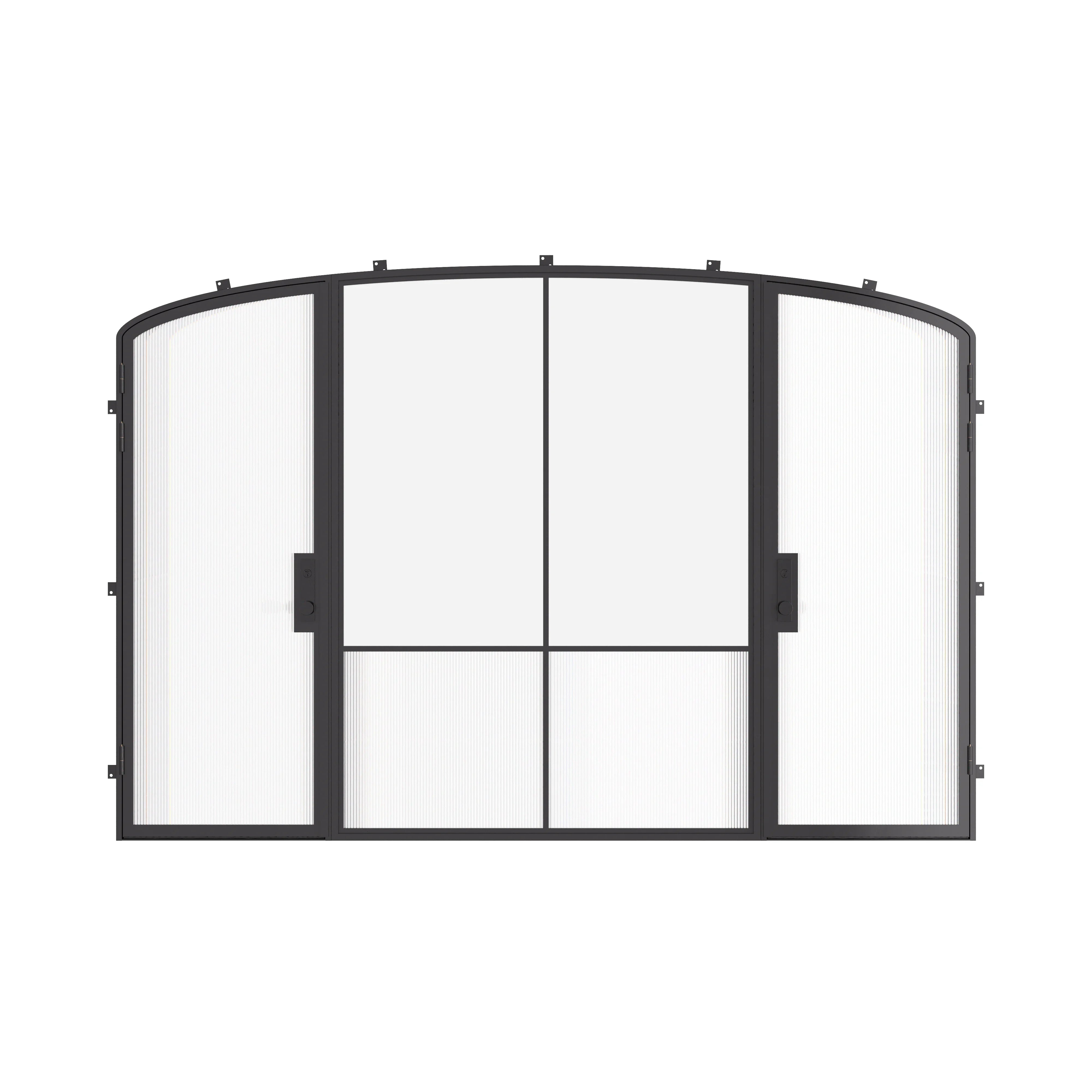 Air Grand exterior steel double entry doors with center fixed mini arch glass panel, galvanized steel frame with Low-E glazing