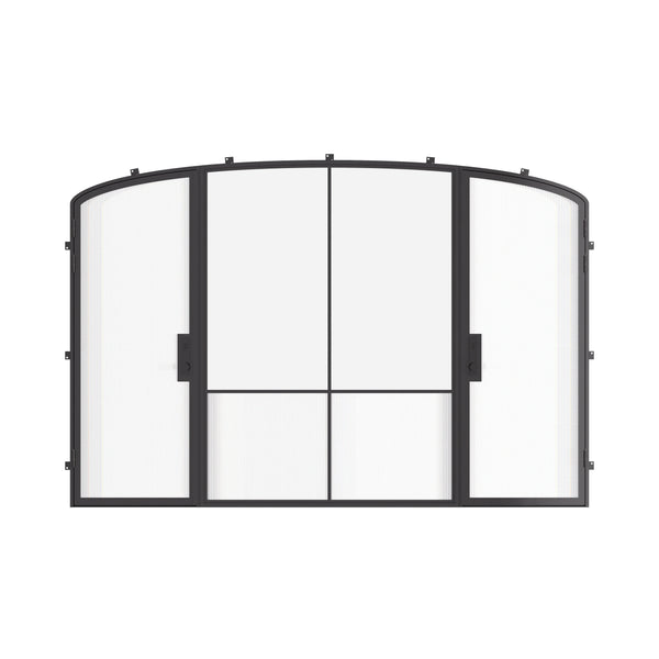 Air Grand exterior steel double entry doors with center fixed mini arch glass panel, galvanized steel frame with Low-E glazing
