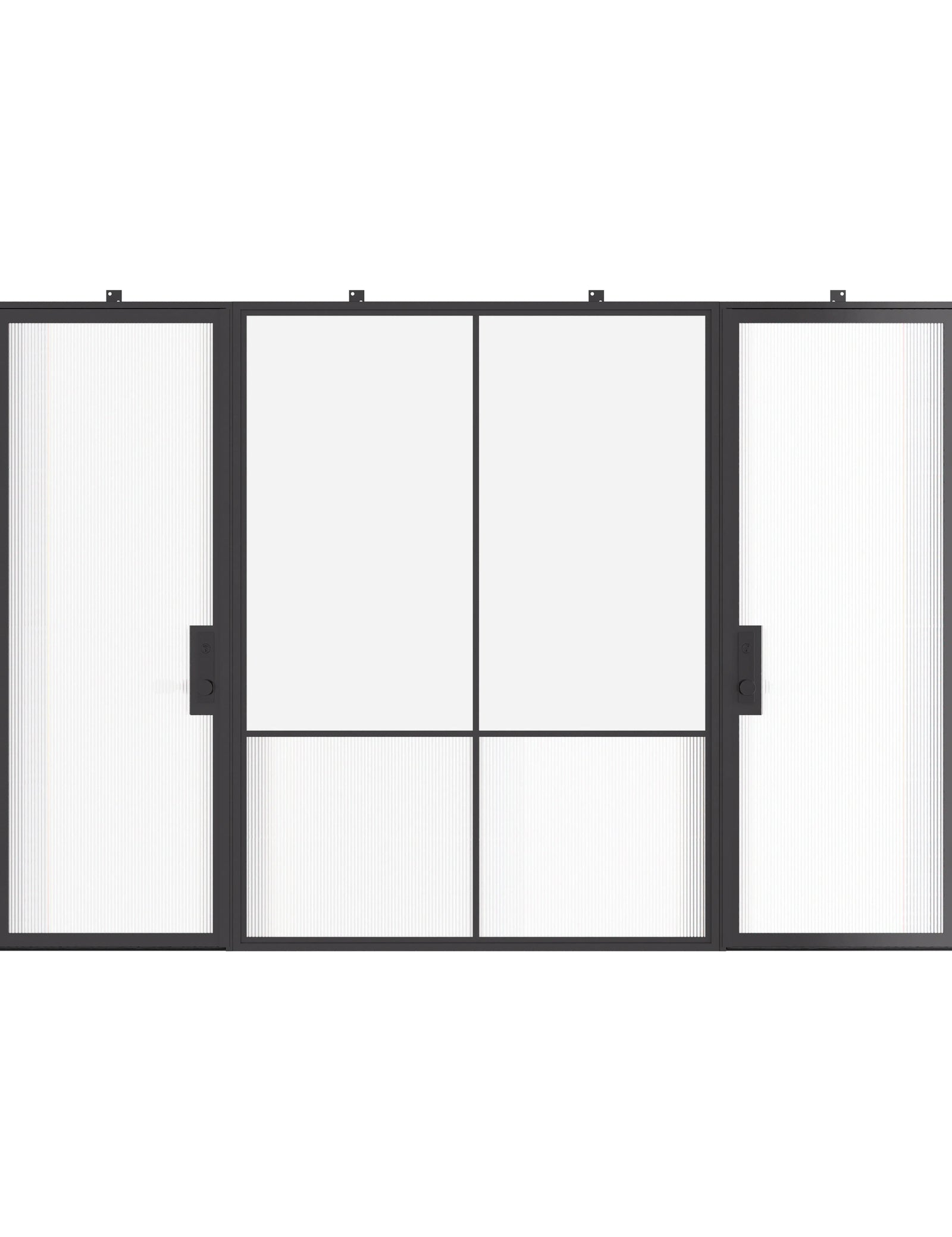 Air Grand exterior steel double doors with center fixed glass panel, cold-rolled galvanized steel frame with tempered Low-E glass