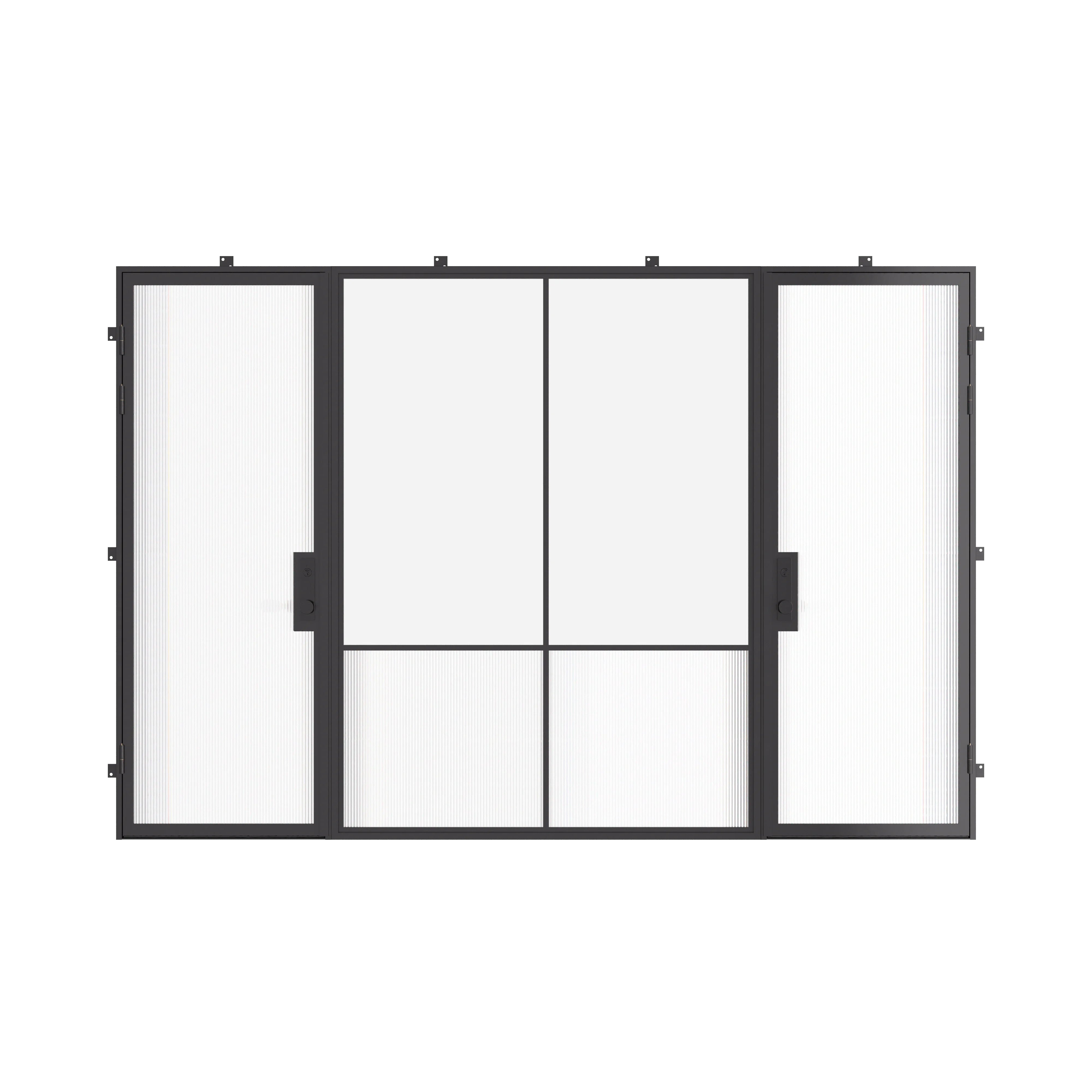 Air Grand exterior steel double doors with center fixed glass panel, cold-rolled galvanized steel frame with tempered Low-E glass