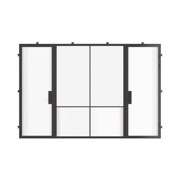 Air Grand exterior steel double doors with center fixed glass panel, cold-rolled galvanized steel frame with tempered Low-E glass