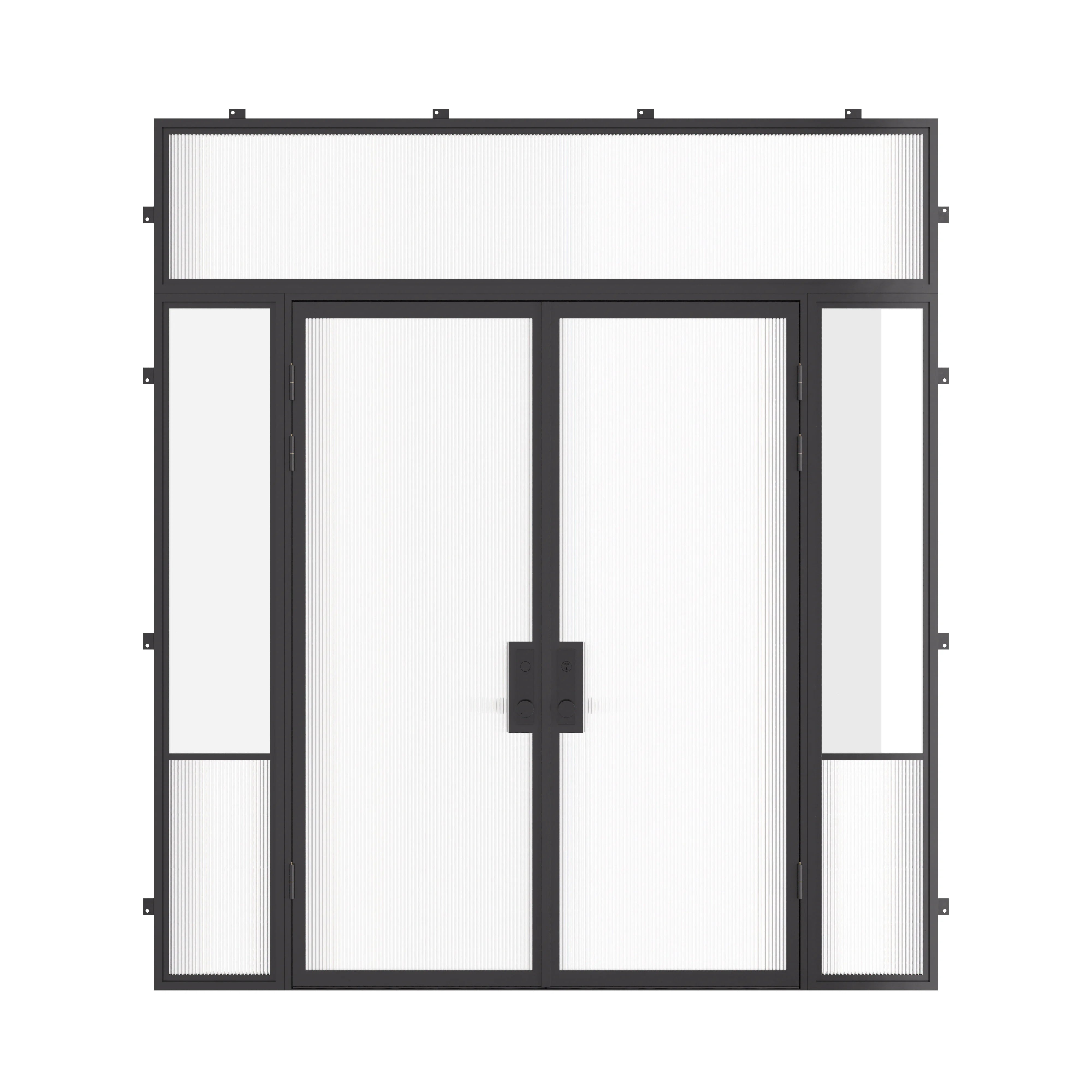 Air Grand exterior steel double entry doors with sidelights and flat top transom window, insulated thermal break steel system