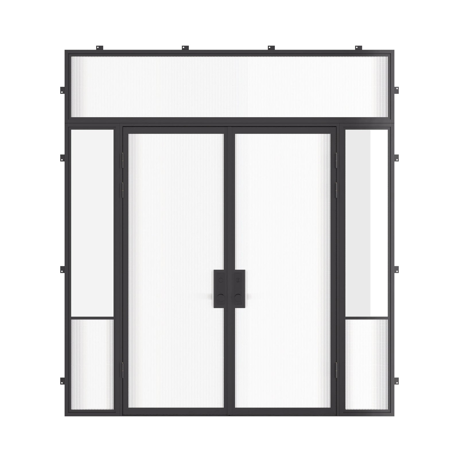 Air Grand exterior steel door with sidelights and flat transom window, cold-rolled galvanized steel construction and dual-pane Low-E tempered glass