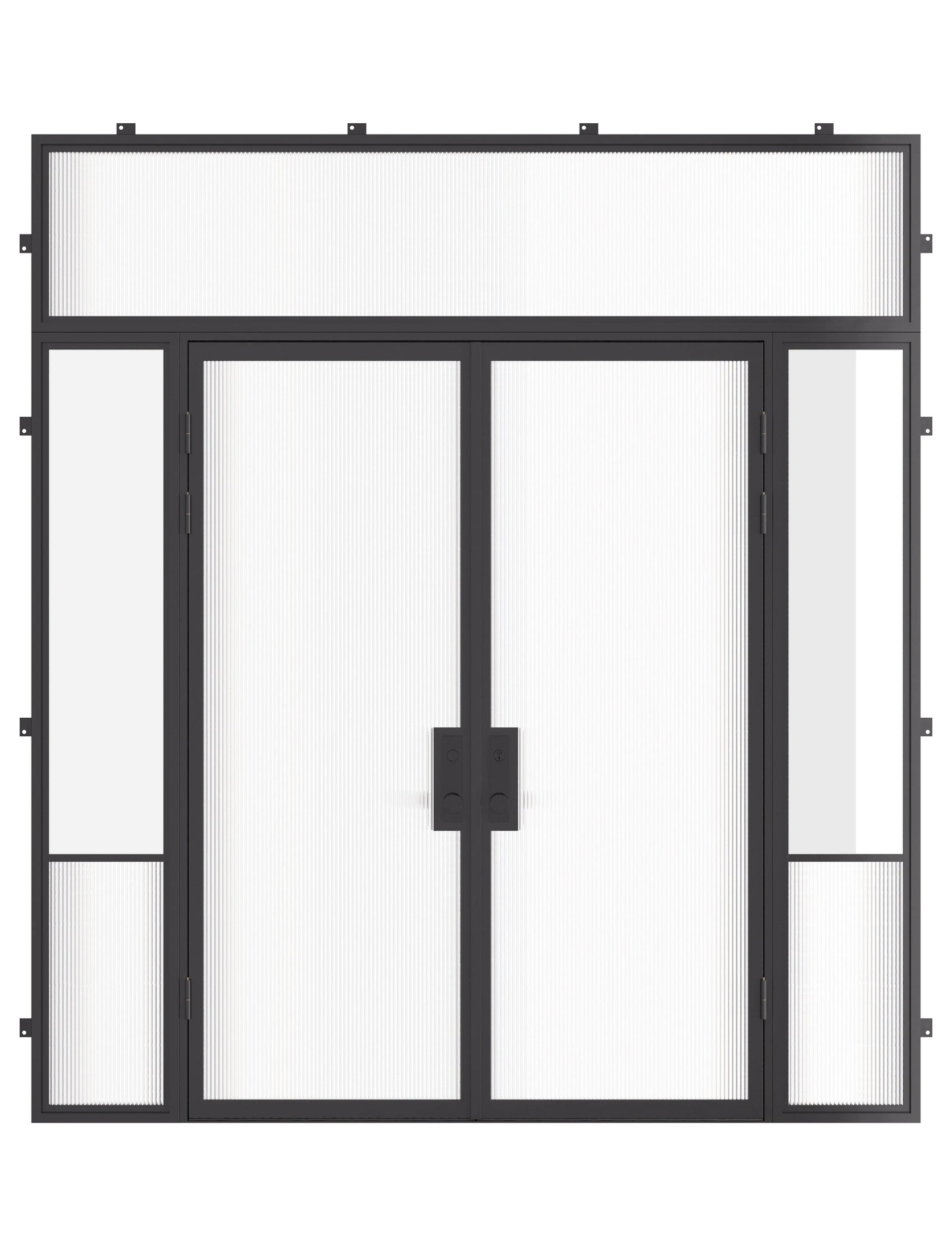 Air Grand exterior steel door with sidelights and flat transom window, cold-rolled galvanized steel construction and dual-pane Low-E tempered glass