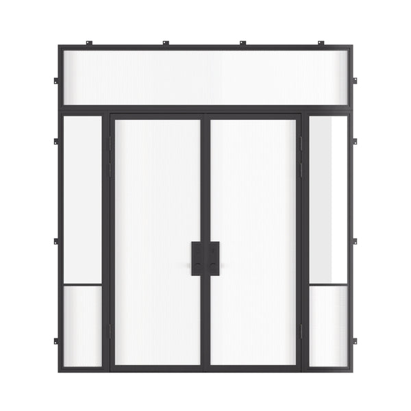 Air Grand exterior steel door with sidelights and flat transom window, cold-rolled galvanized steel construction and dual-pane Low-E tempered glass