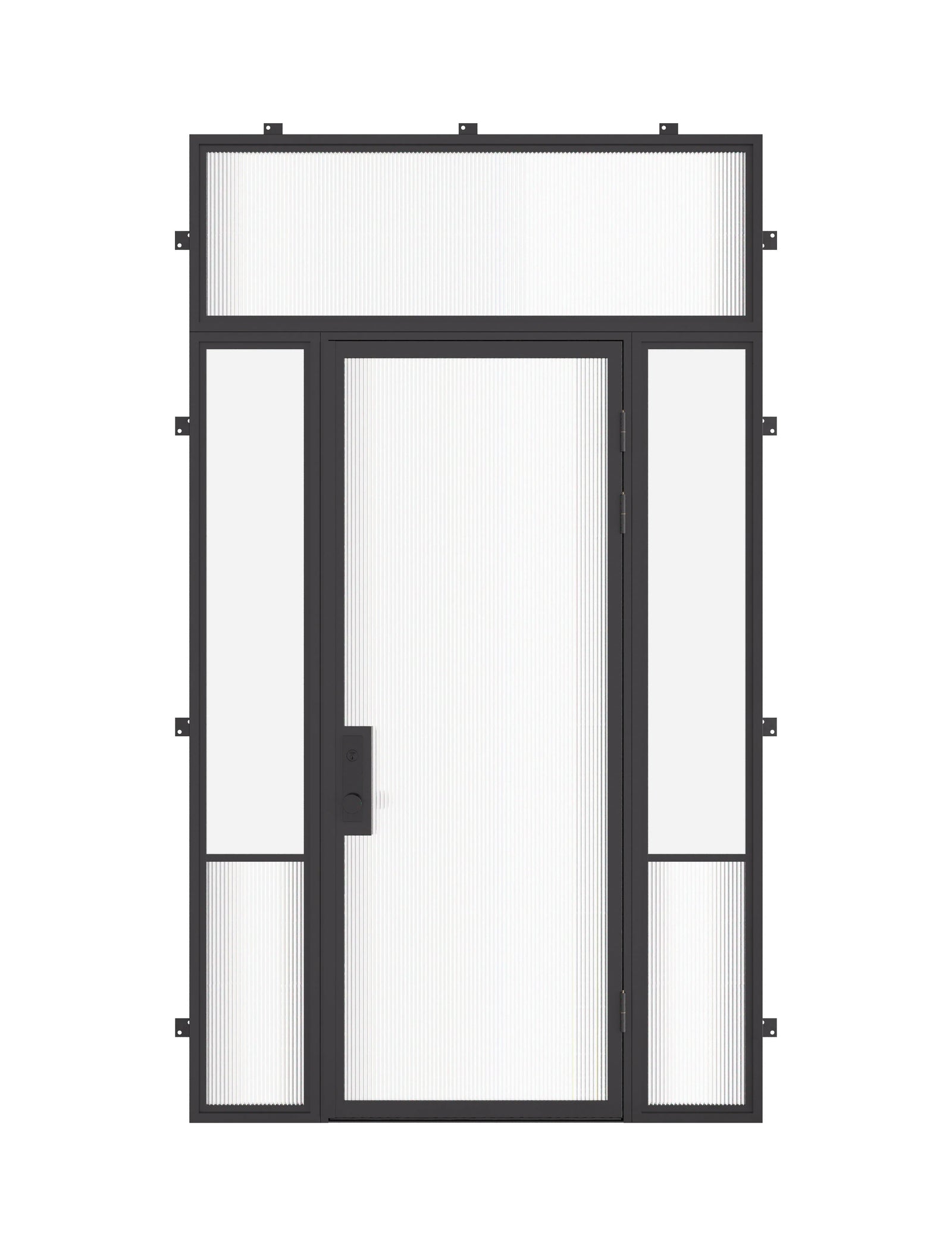 Air Grand exterior steel door with thermal break insulated architectural steel system, sidelights and flat transom window, single flat panel with dual-pane Low-E tempered glass
