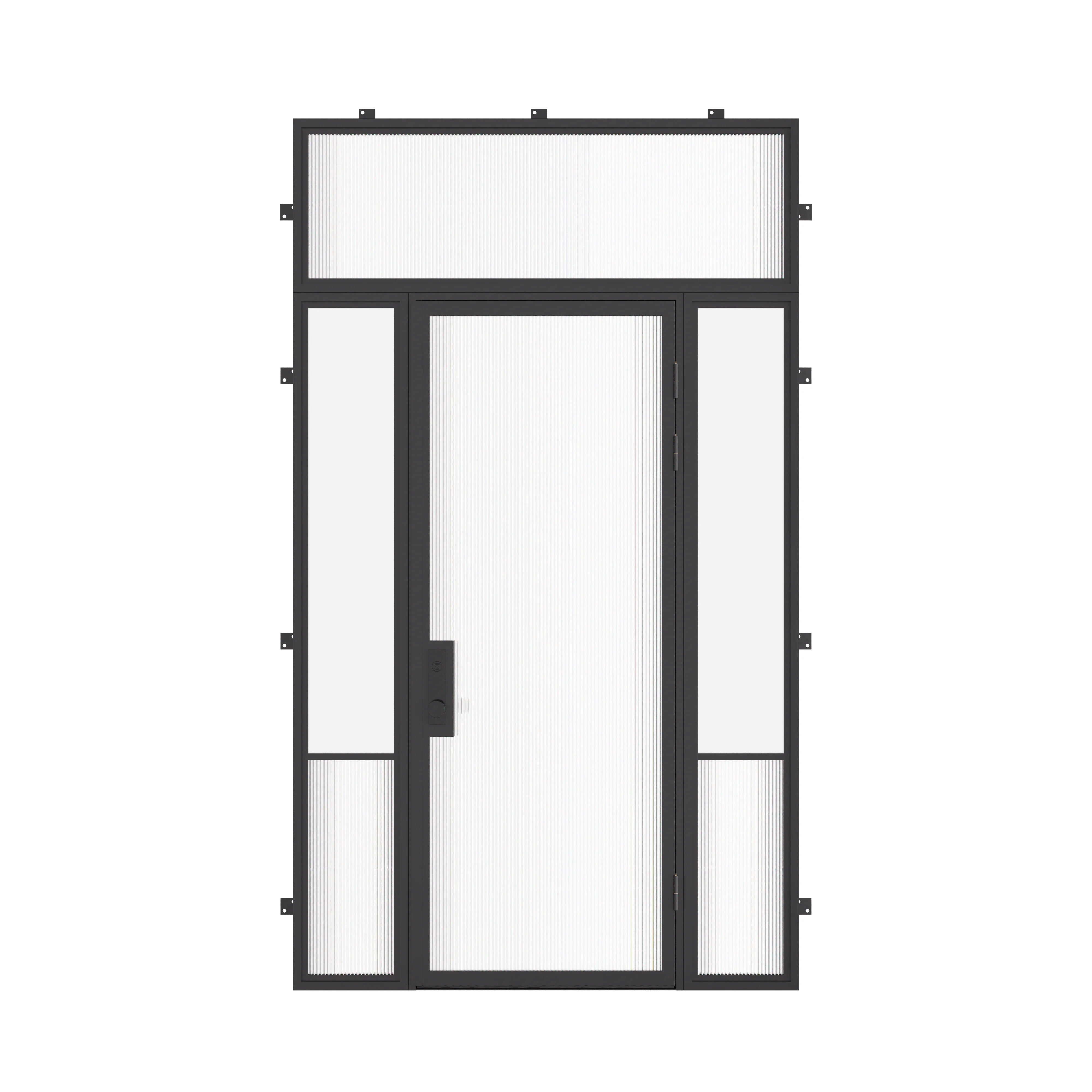 Air Grand exterior steel door with thermal break insulated architectural steel system, sidelights and flat transom window, single flat panel with dual-pane Low-E tempered glass