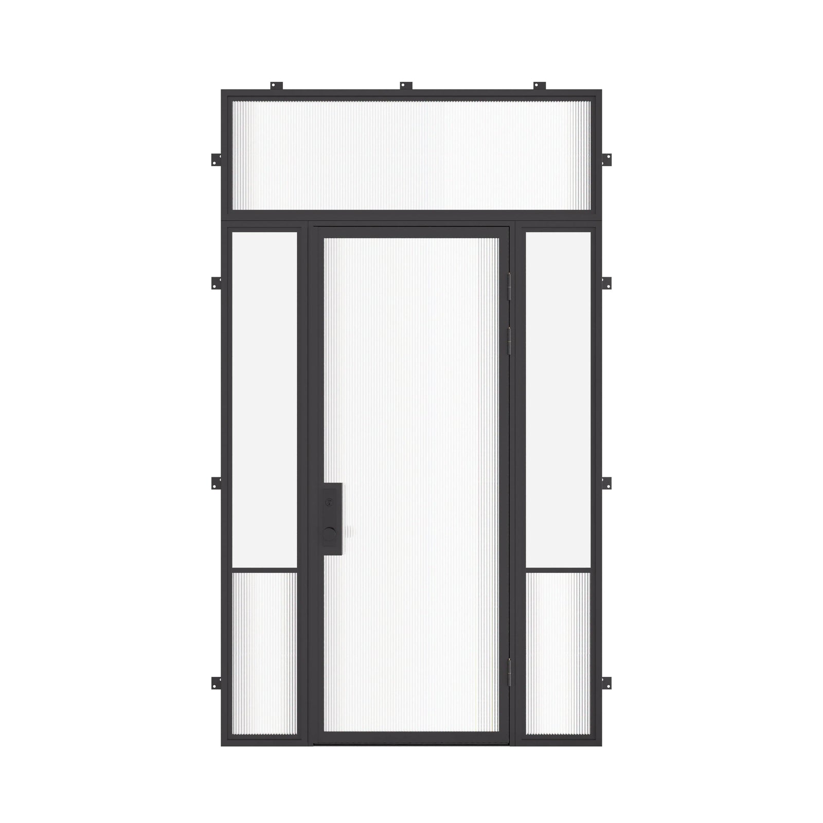 Air Grand exterior steel door with sidelights and flat transom glass, galvanized steel frame with dual-pane Low-E tempered glazing