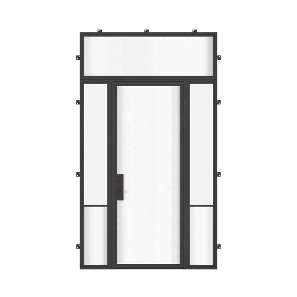 Air Grand exterior steel door with sidelights and flat transom glass, galvanized steel frame with dual-pane Low-E tempered glazing