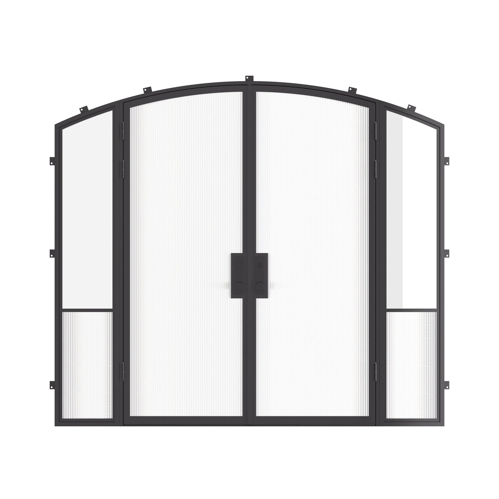 Air Grand exterior steel double arch entry doors with sidelights, galvanized steel frame with dual pane tempered Low-E glass