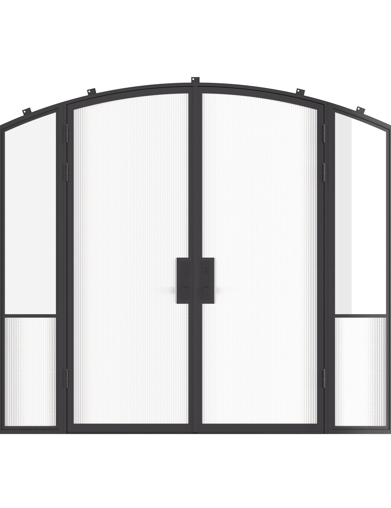Air Grand exterior steel double arch entry doors with sidelights, galvanized steel frame with dual pane tempered Low-E glass