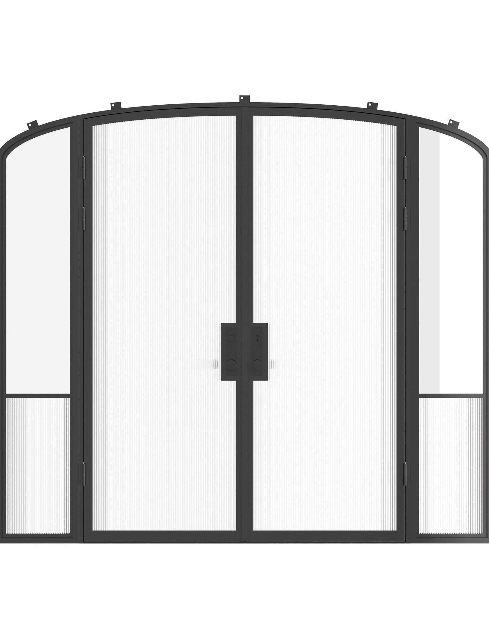 Air Grand exterior steel double entry doors with mini arch tops and sidelights, galvanized steel frame with Low-E glass