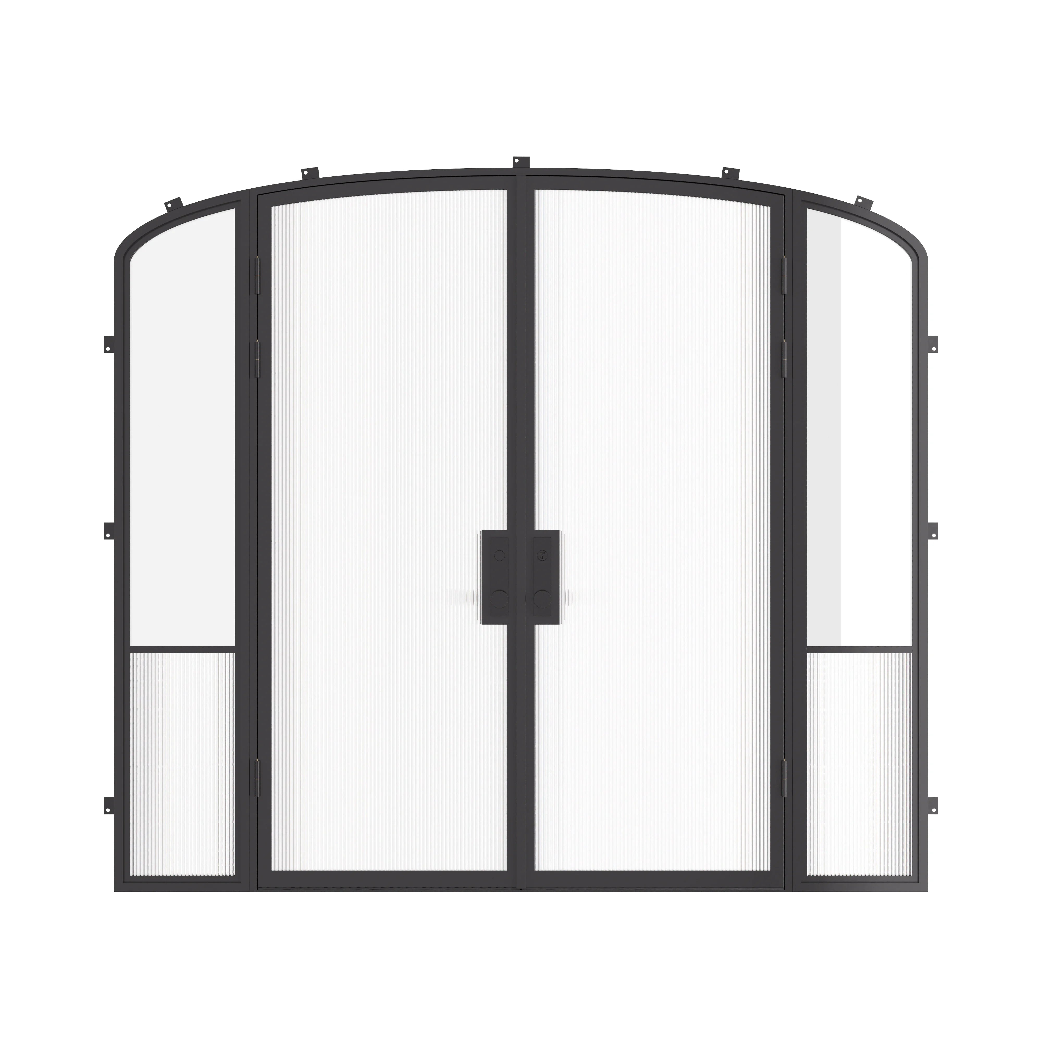 Air Grand exterior steel double entry doors with mini arch tops and sidelights, galvanized steel frame with Low-E glass