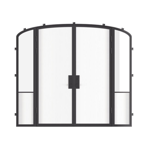 Air Grand exterior steel double entry doors with mini arch tops and sidelights, galvanized steel frame with Low-E glass