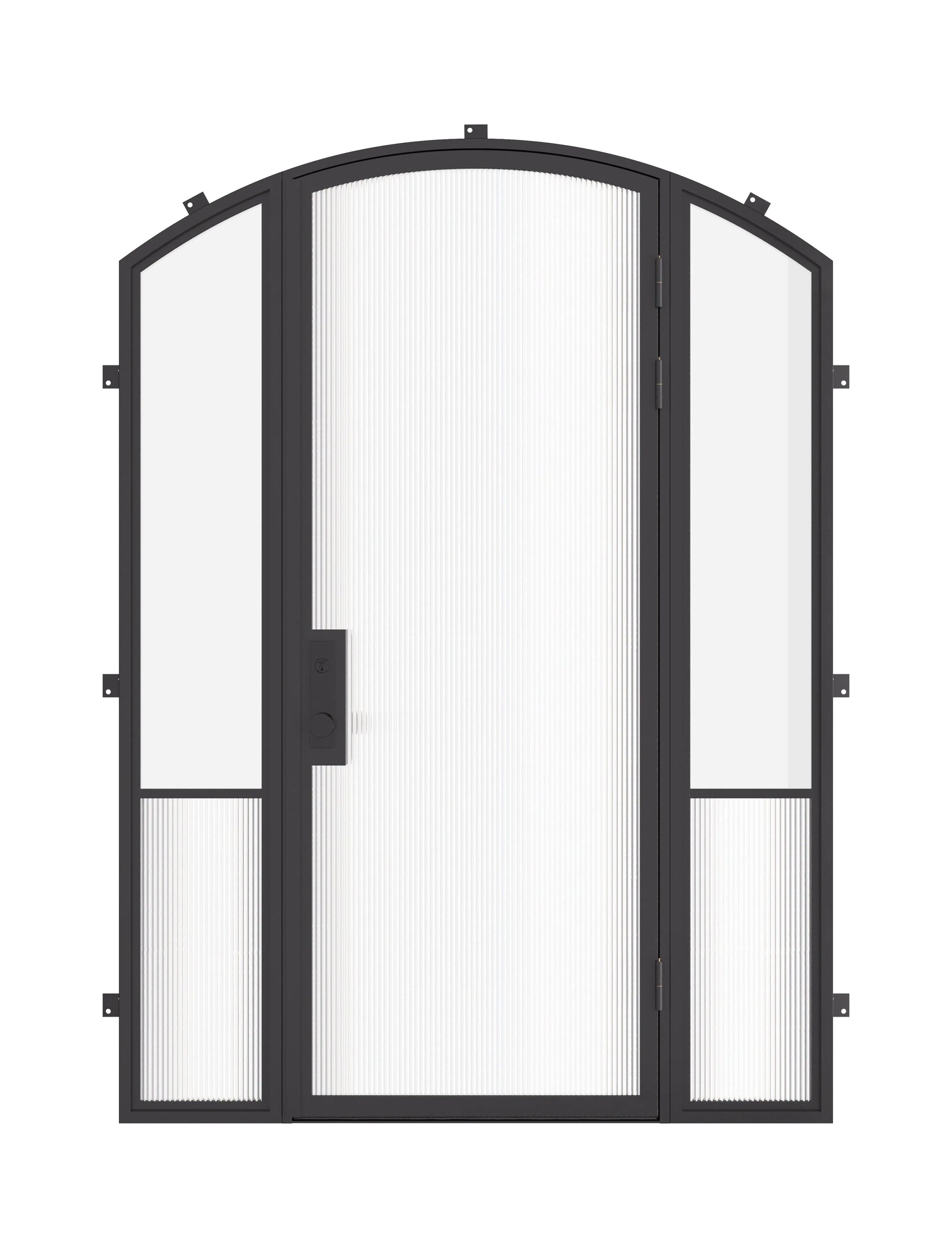Air Grand exterior steel entry door with sidelights and arch top, galvanized steel frame with dual pane tempered Low-E glass