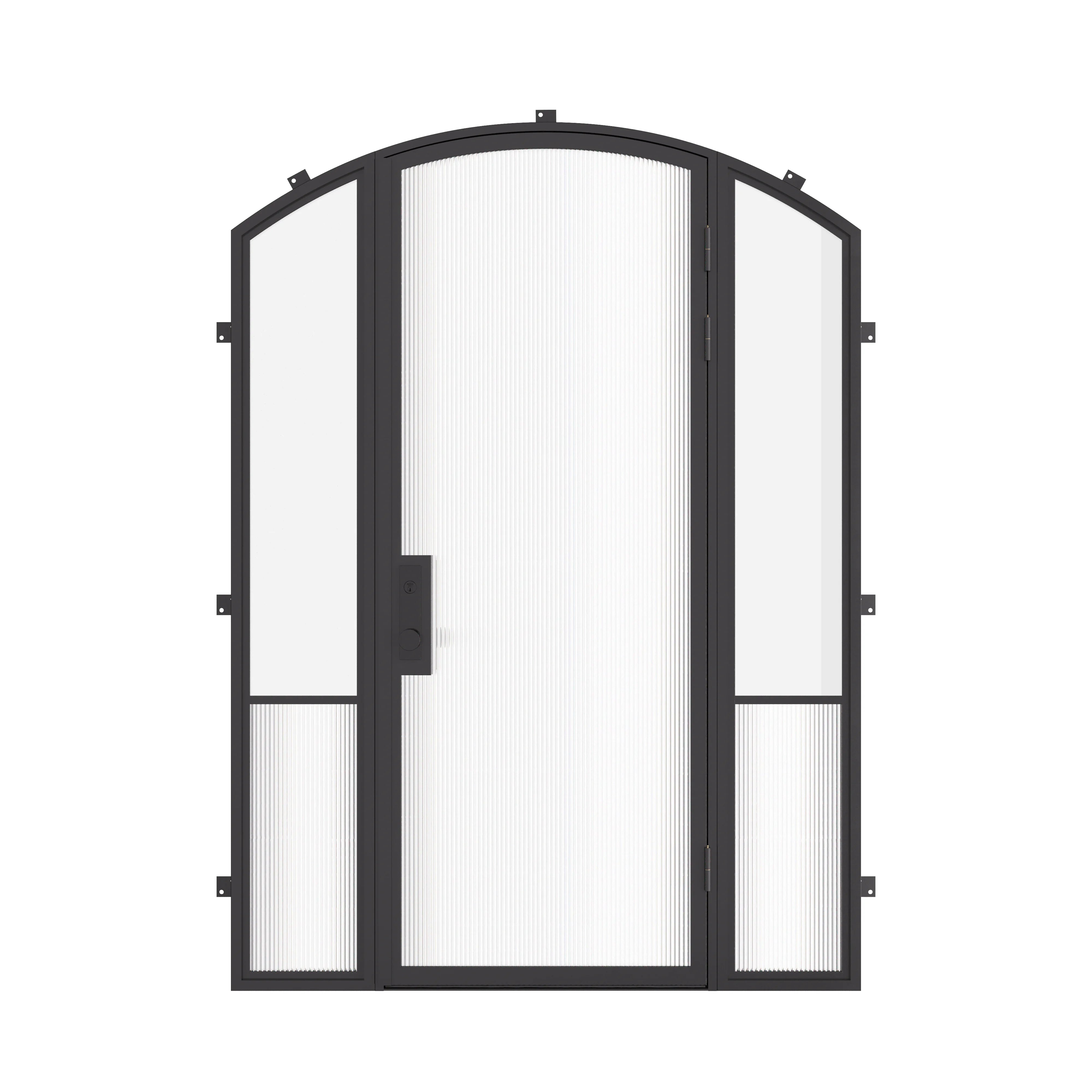 Air Grand exterior steel entry door with sidelights and arch top, galvanized steel frame with dual pane tempered Low-E glass