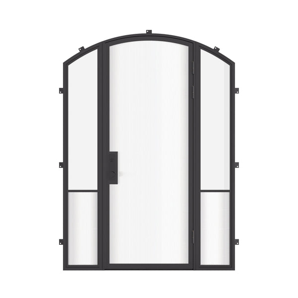 Air Grand exterior steel entry door with sidelights and arch top, galvanized steel frame with dual pane tempered Low-E glass