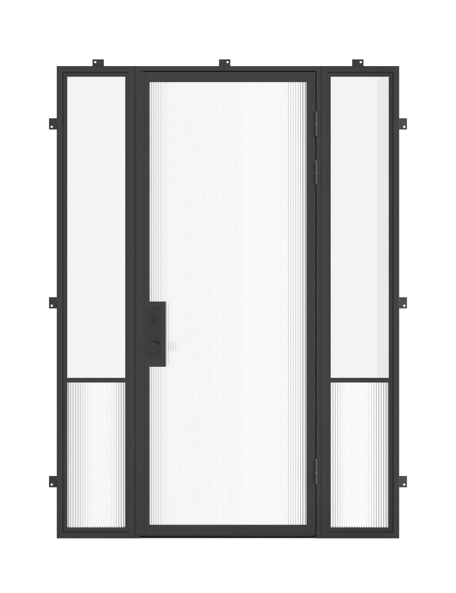 Air Grand exterior steel entry door with sidelights and flat top design, galvanized steel frame with tempered Low-E glass