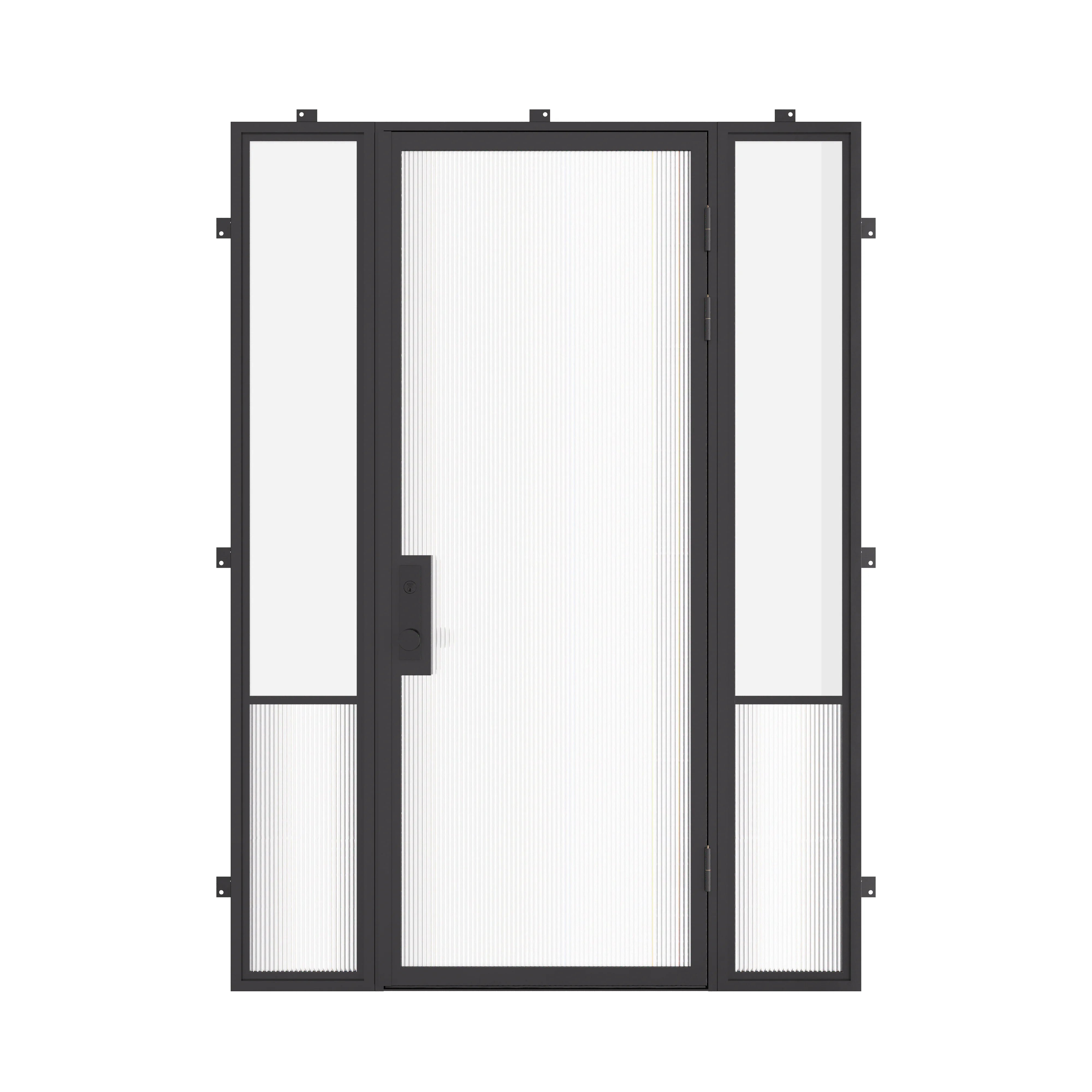 Air Grand exterior steel entry door with sidelights and flat top design, galvanized steel frame with tempered Low-E glass