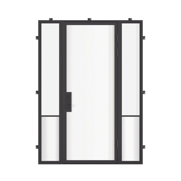 Air Grand exterior steel entry door with sidelights and flat top design, galvanized steel frame with tempered Low-E glass
