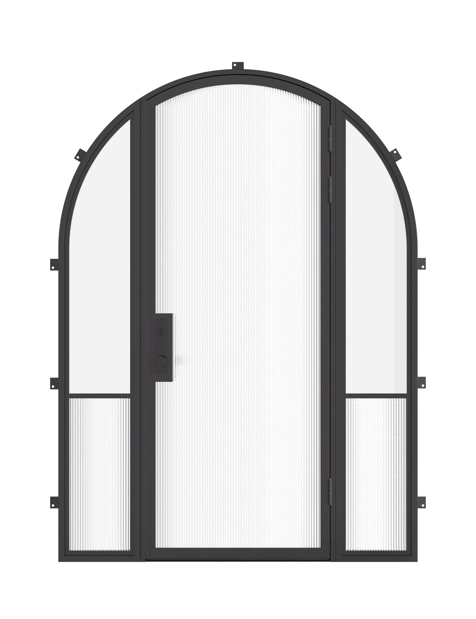 Air Grand exterior steel entry door with sidelights and full arch top, galvanized steel frame with tempered Low-E glass