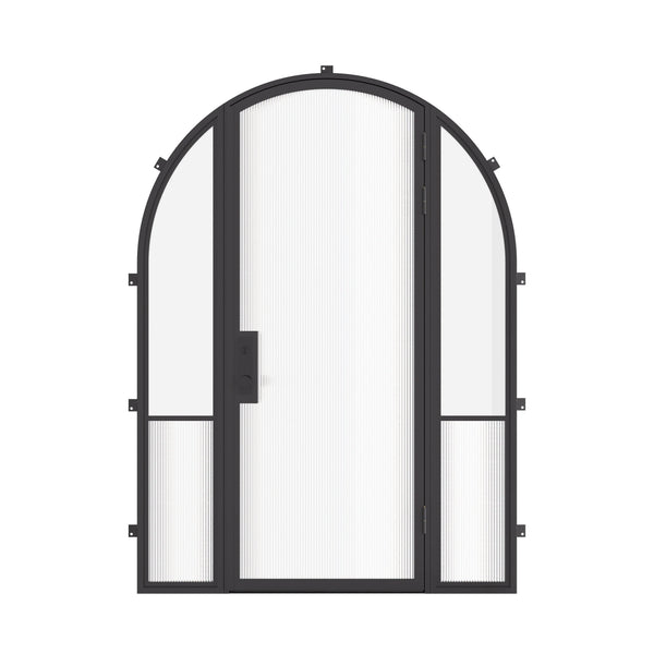 Air Grand exterior steel entry door with sidelights and full arch top, galvanized steel frame with tempered Low-E glass