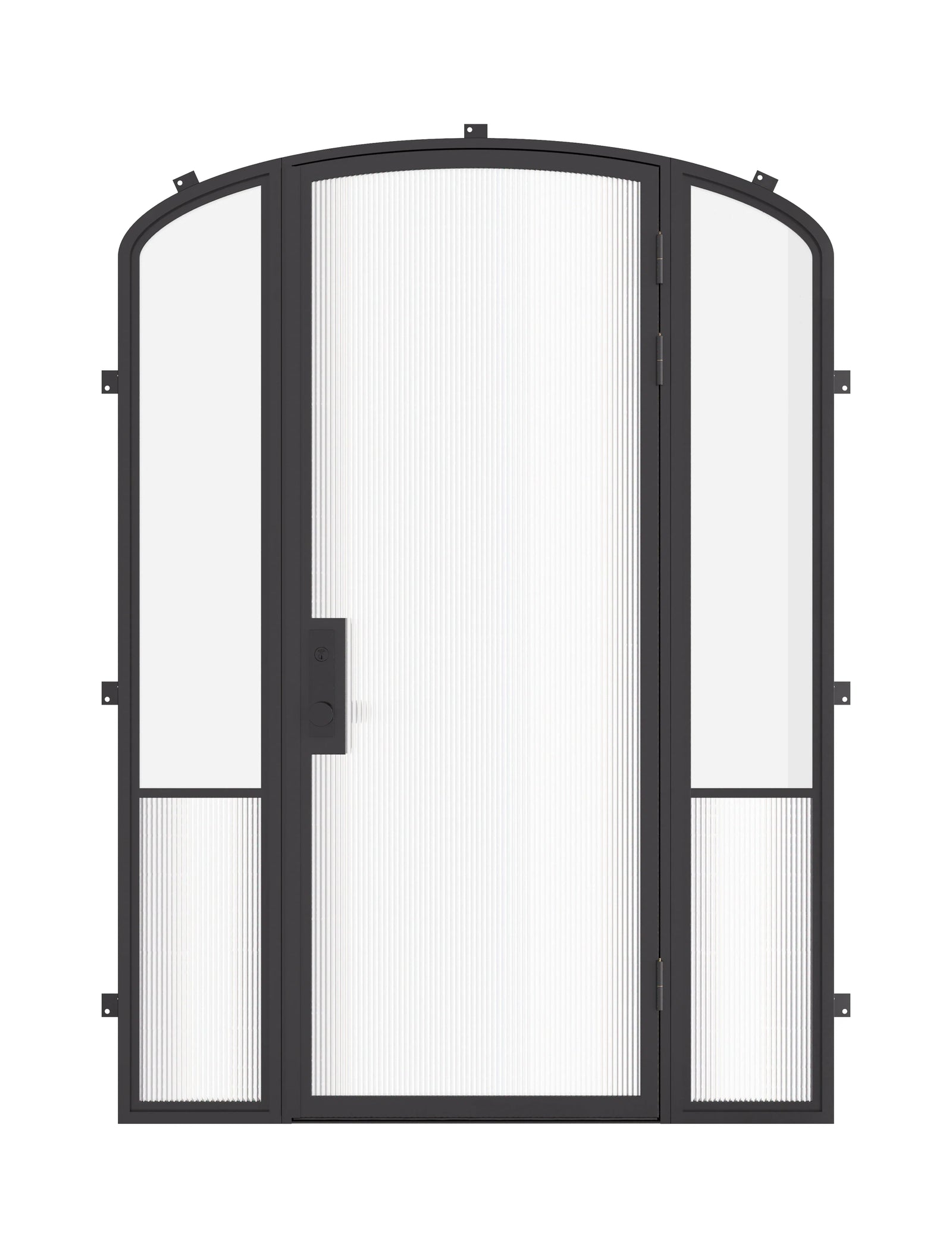 Air Grand exterior steel entry door with sidelights and mini arch top, galvanized steel frame with dual-pane tempered Low-E glass