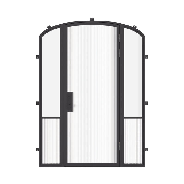 Air Grand exterior steel entry door with sidelights and mini arch top, galvanized steel frame with dual-pane tempered Low-E glass