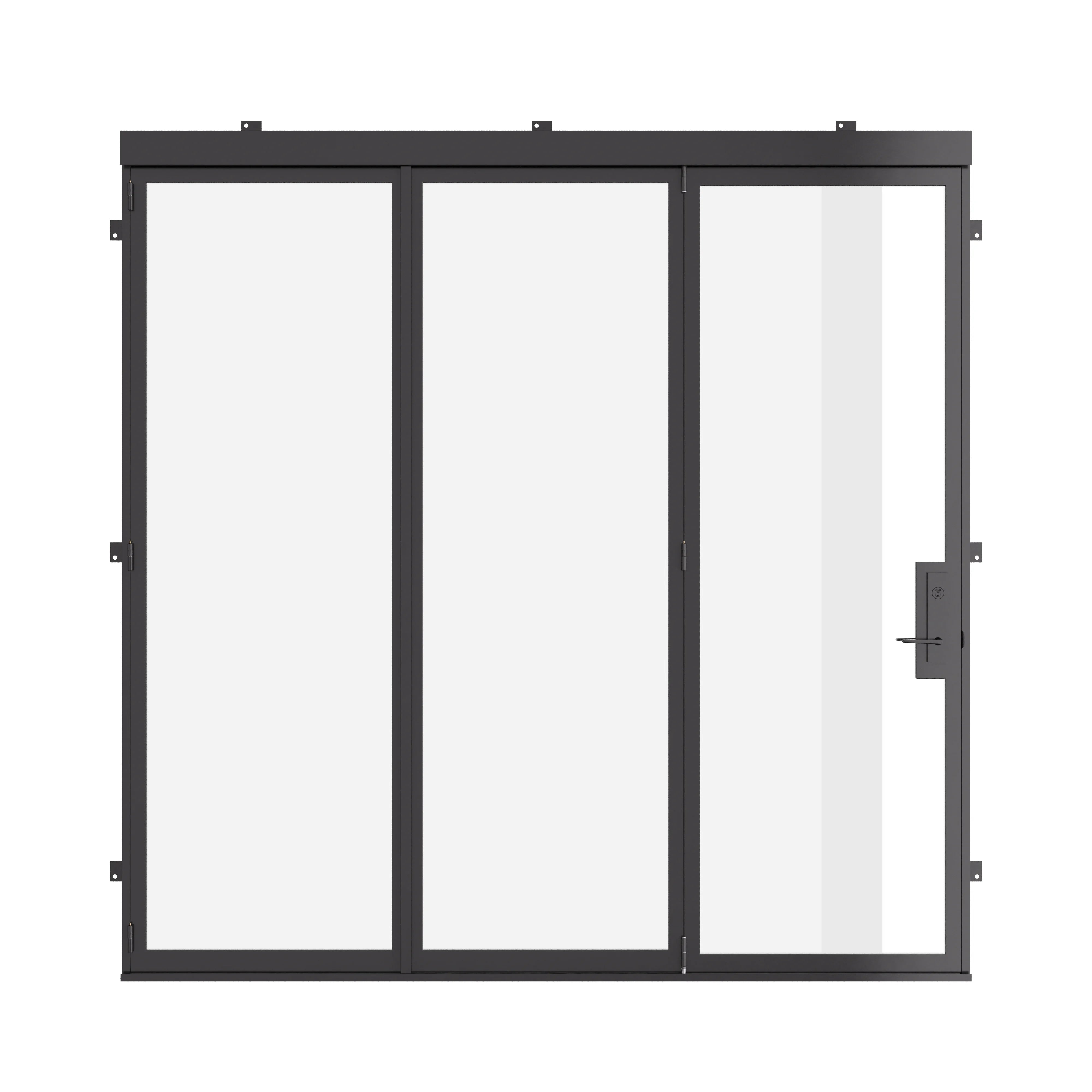 Thermally broken steel bifold door system with insulated glass and contemporary frame design