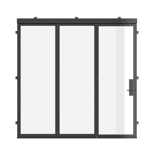 Thermally broken steel bifold door system with insulated glass and contemporary frame design