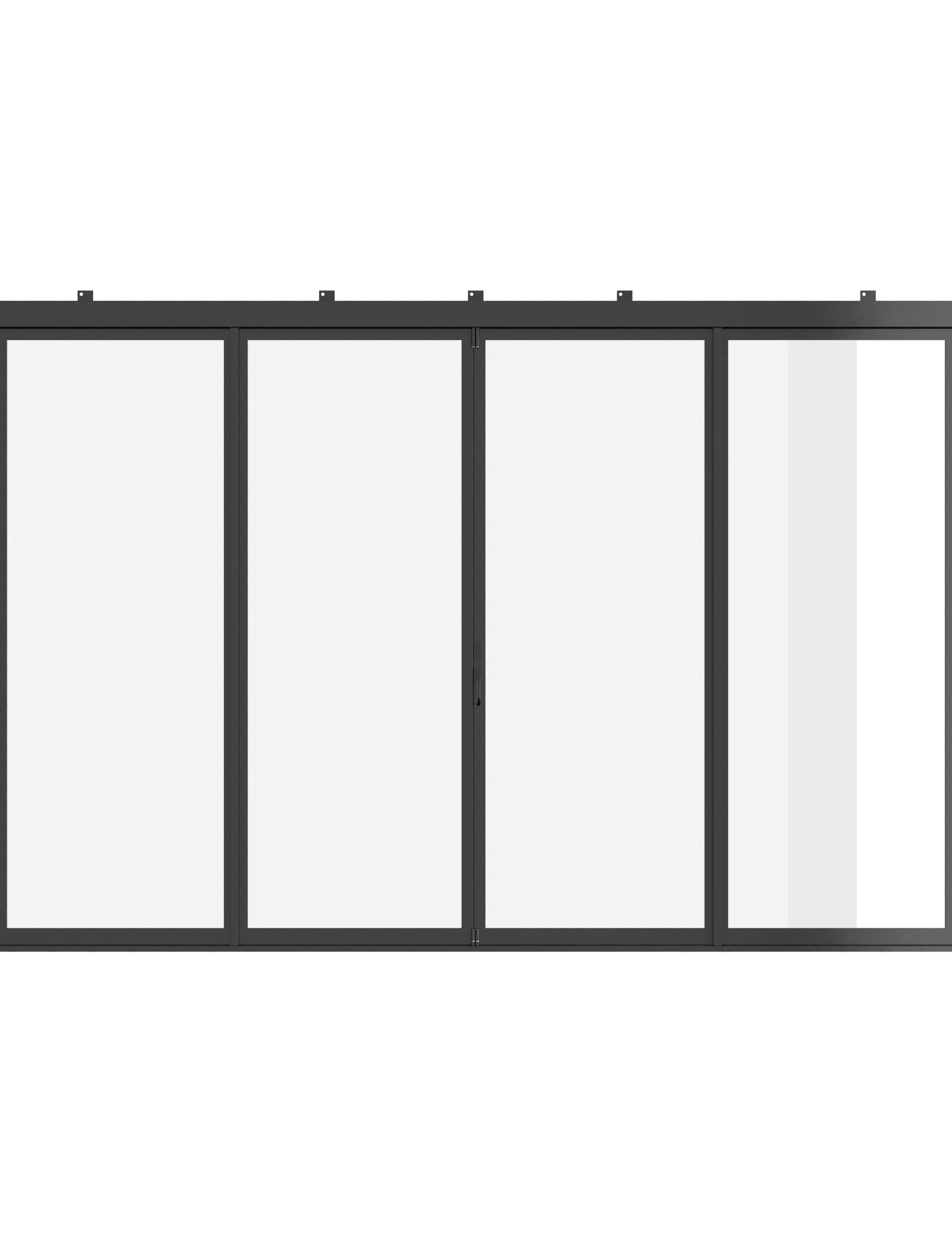 Center split bi-fold steel door with thermal break and dual pane glass.