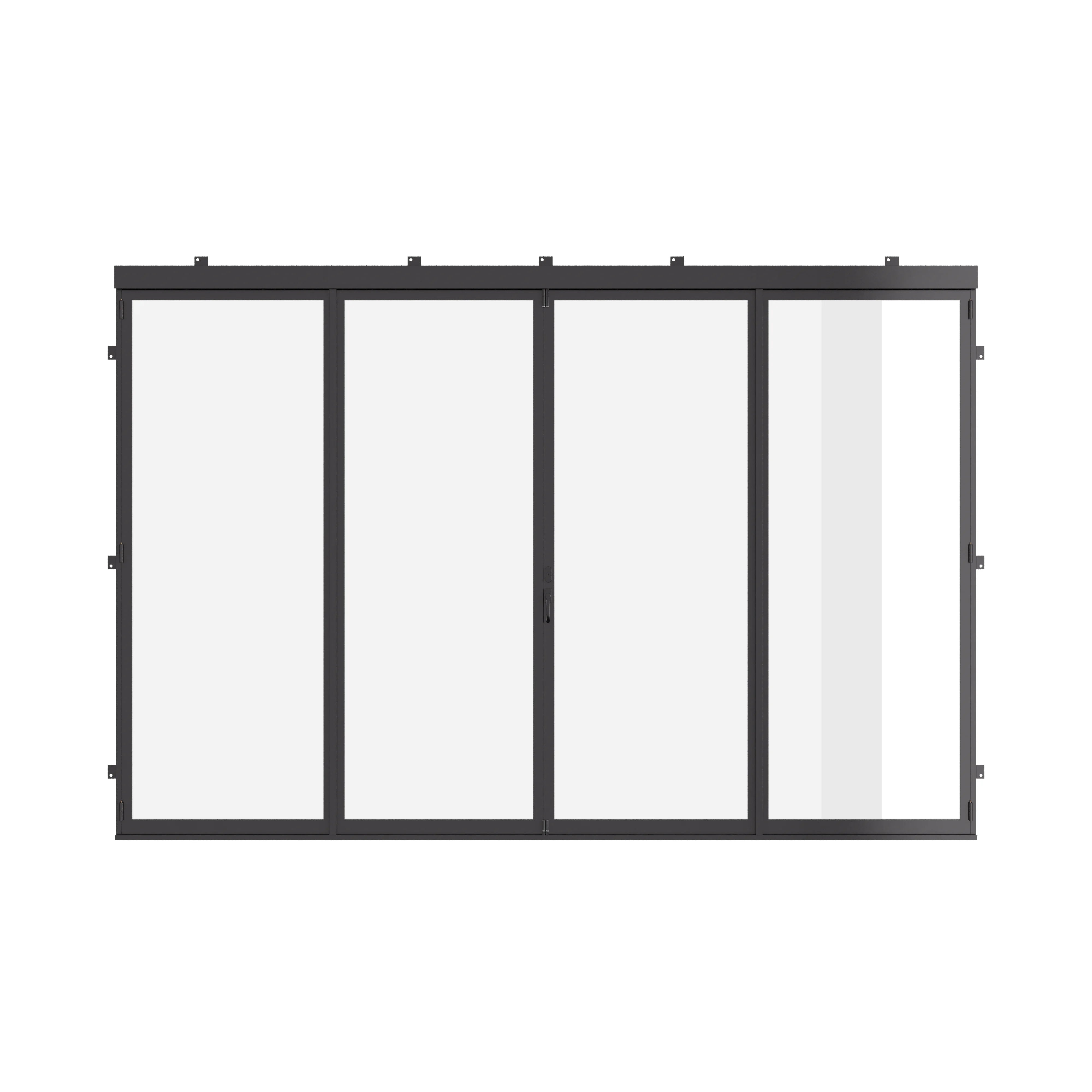 Center split bi-fold steel door with thermal break and dual pane glass.