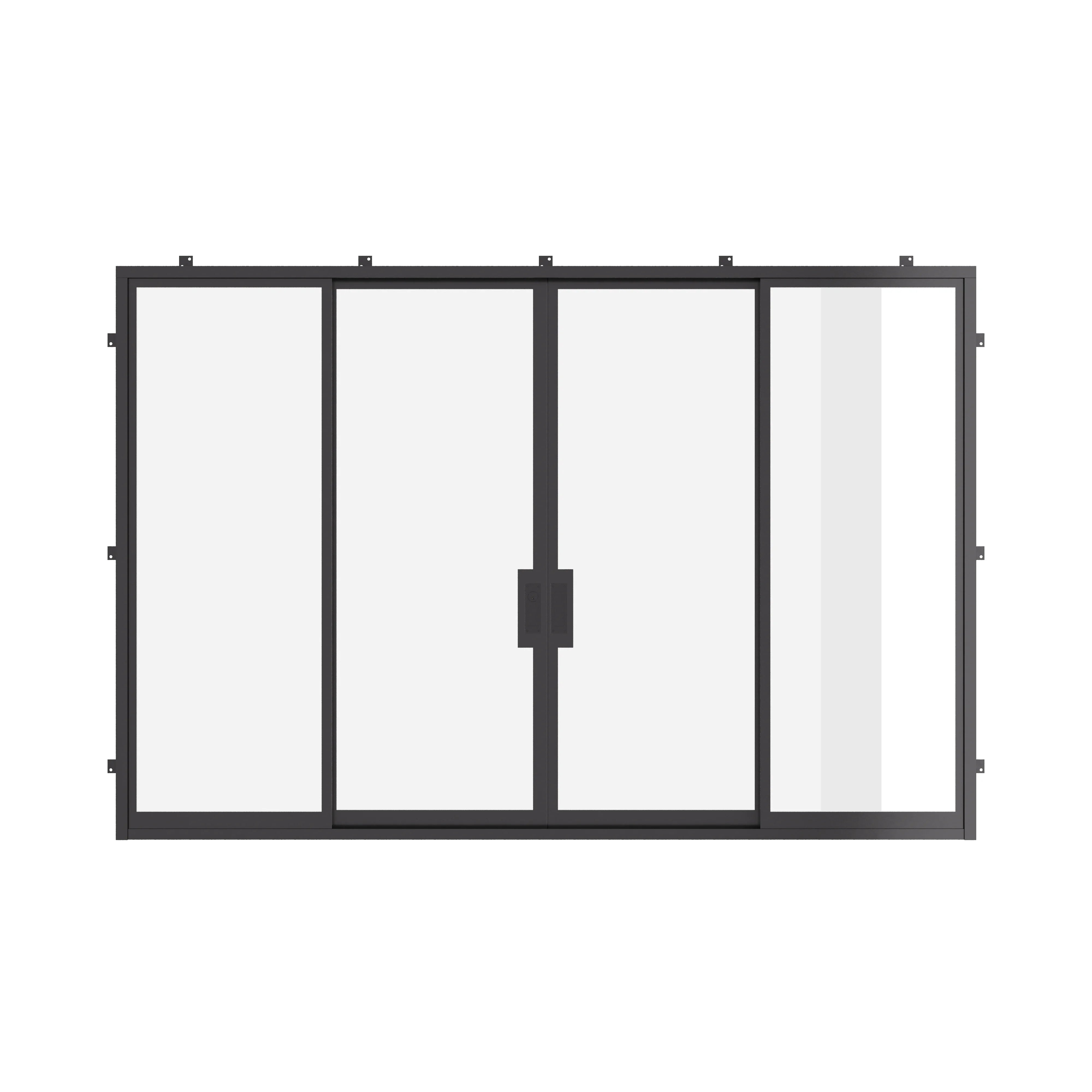 Center split double sliding steel doors with glass.