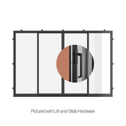 Center split double sliding steel doors with glass.