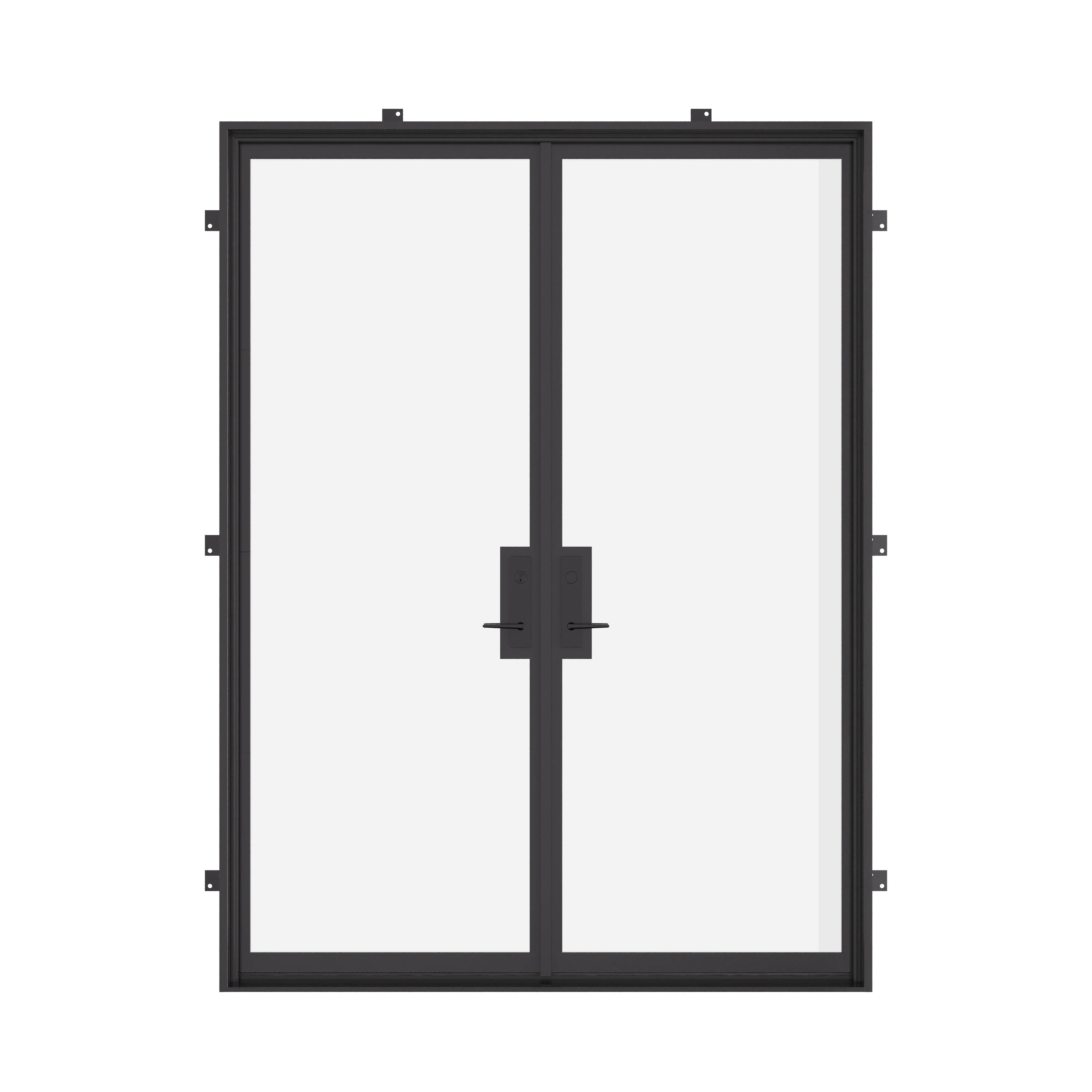 Double flat exterior steel doors, NFRC-rated and pre-hung.