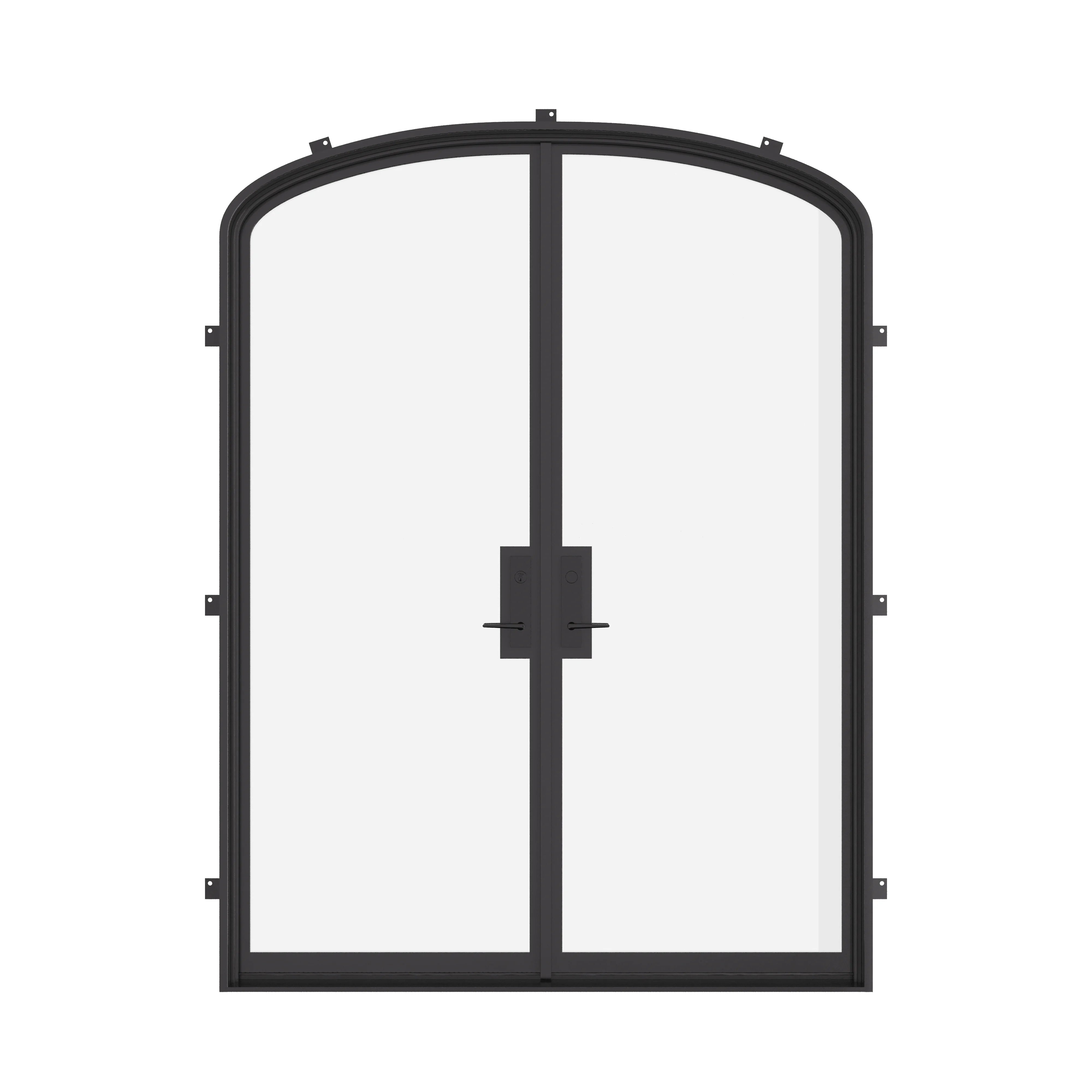 Double mini arch exterior steel doors, NFRC-rated with insulated glazing.