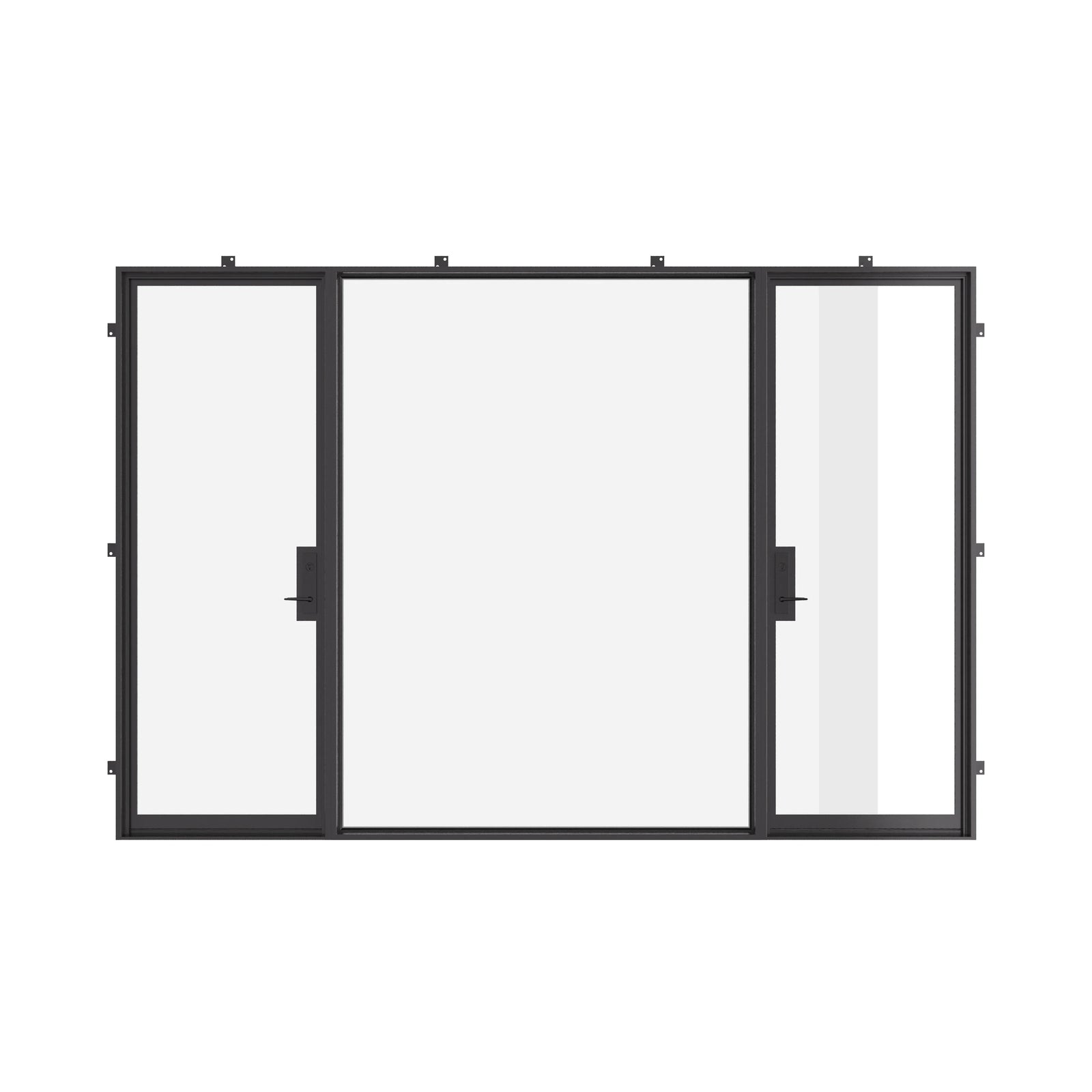 Dual single thermal break steel doors with center fixed glass panel.