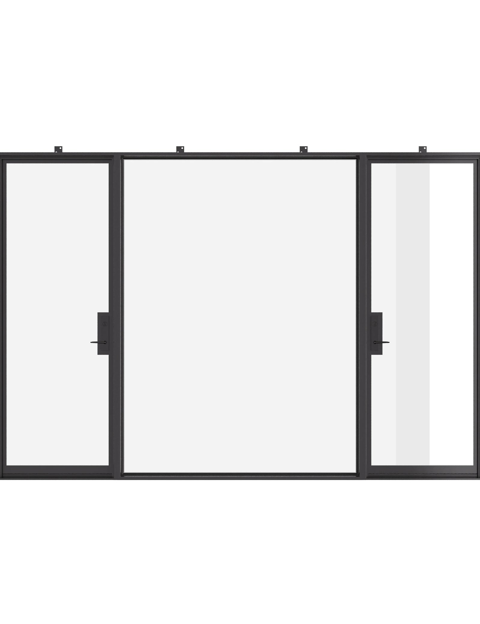 Dual single thermal break steel doors with center fixed glass panel.