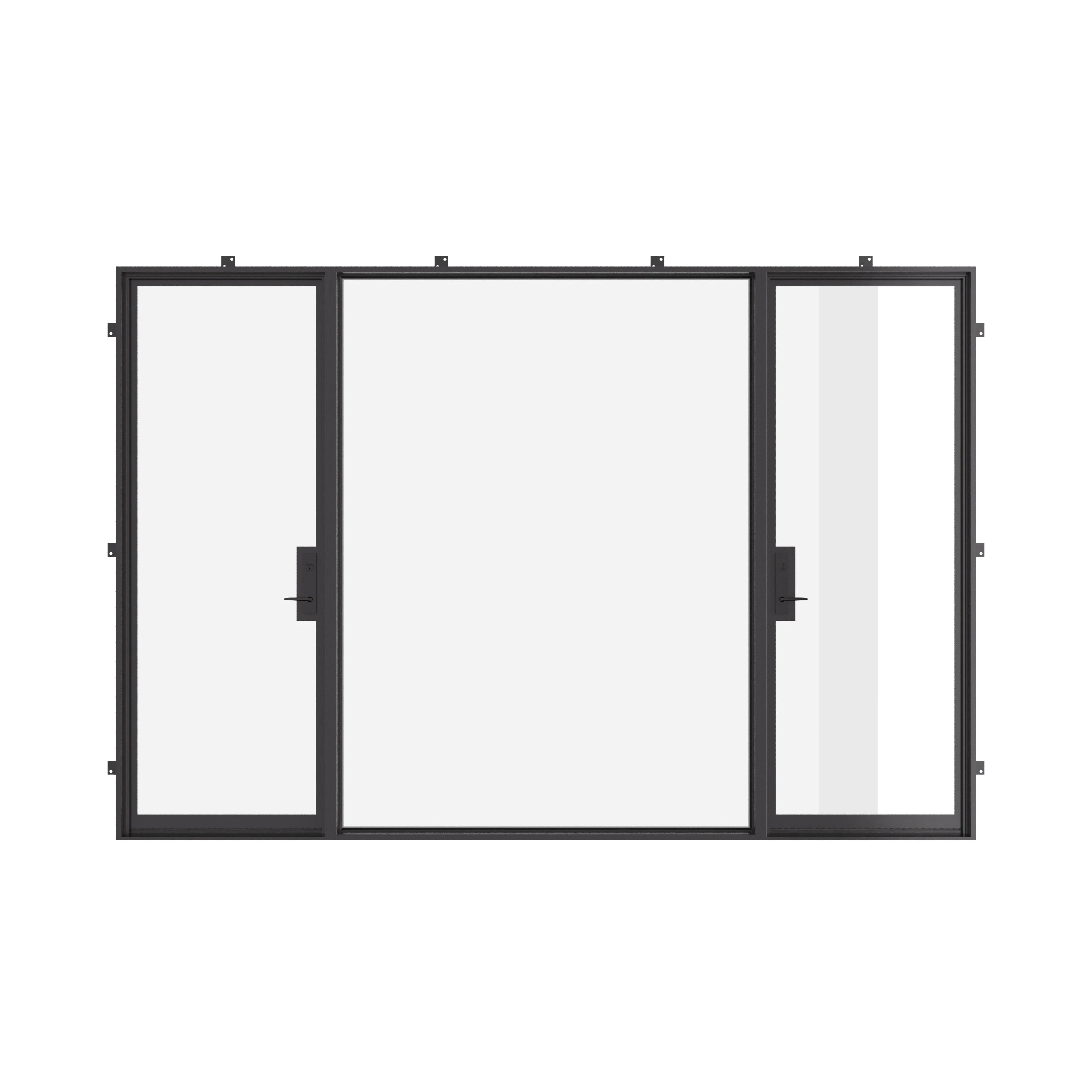 Dual single flat steel doors with center fixed panel.
