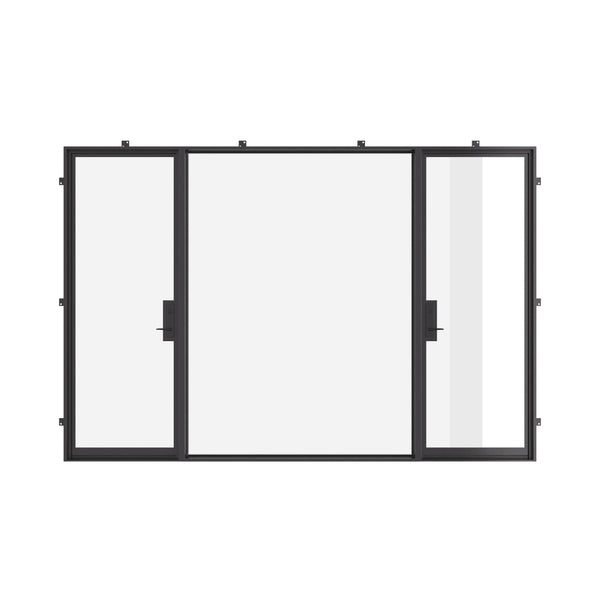 Dual single flat steel doors with center fixed panel.