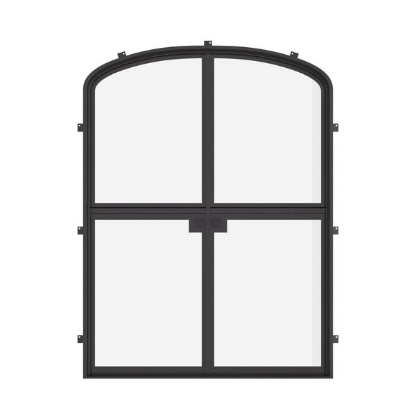 Double mini arch Dutch steel doors with glass panels.