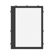 Flat pivot steel door with dual pane low-E glass.