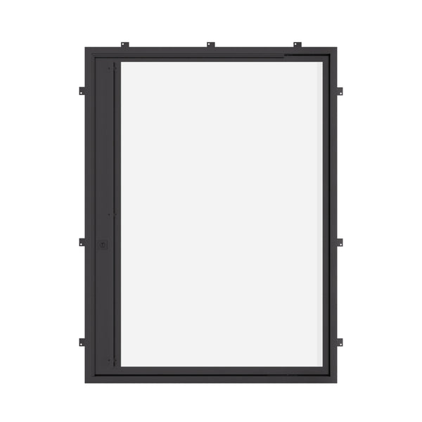 Flat pivot steel door with dual pane low-E glass.