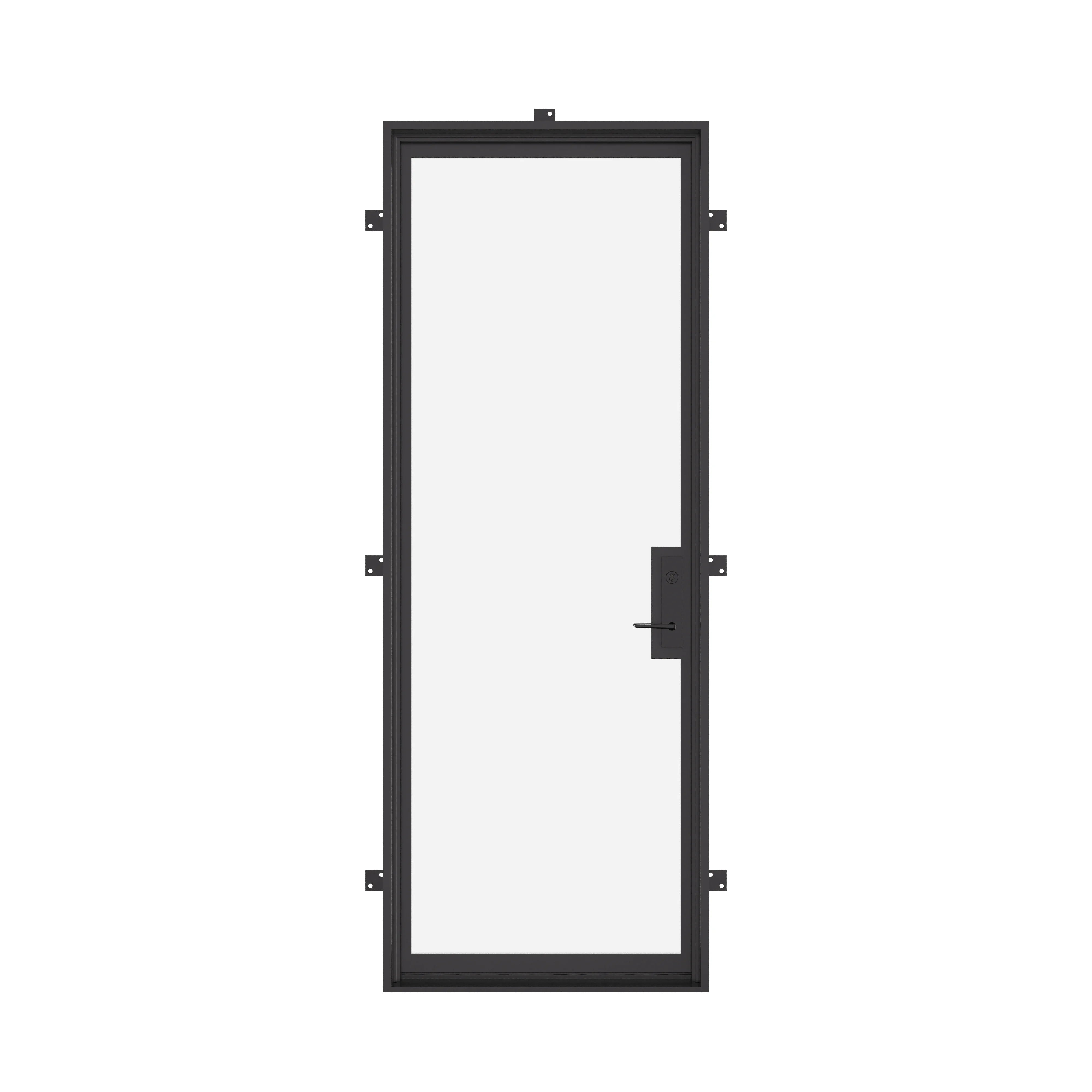 Single flat exterior steel door, NFRC rated glass.